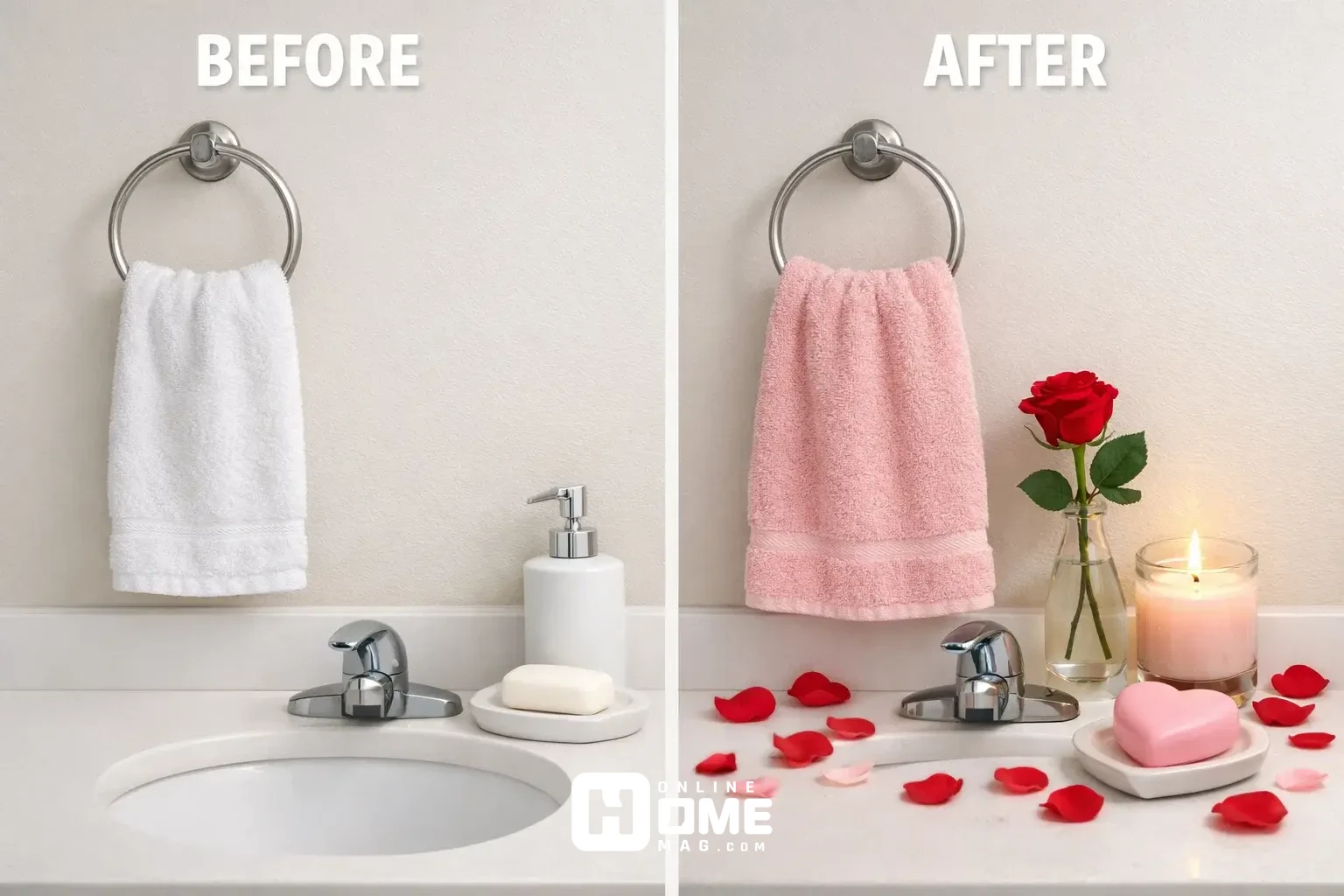 Simple valentine bathroom updates showing before and after