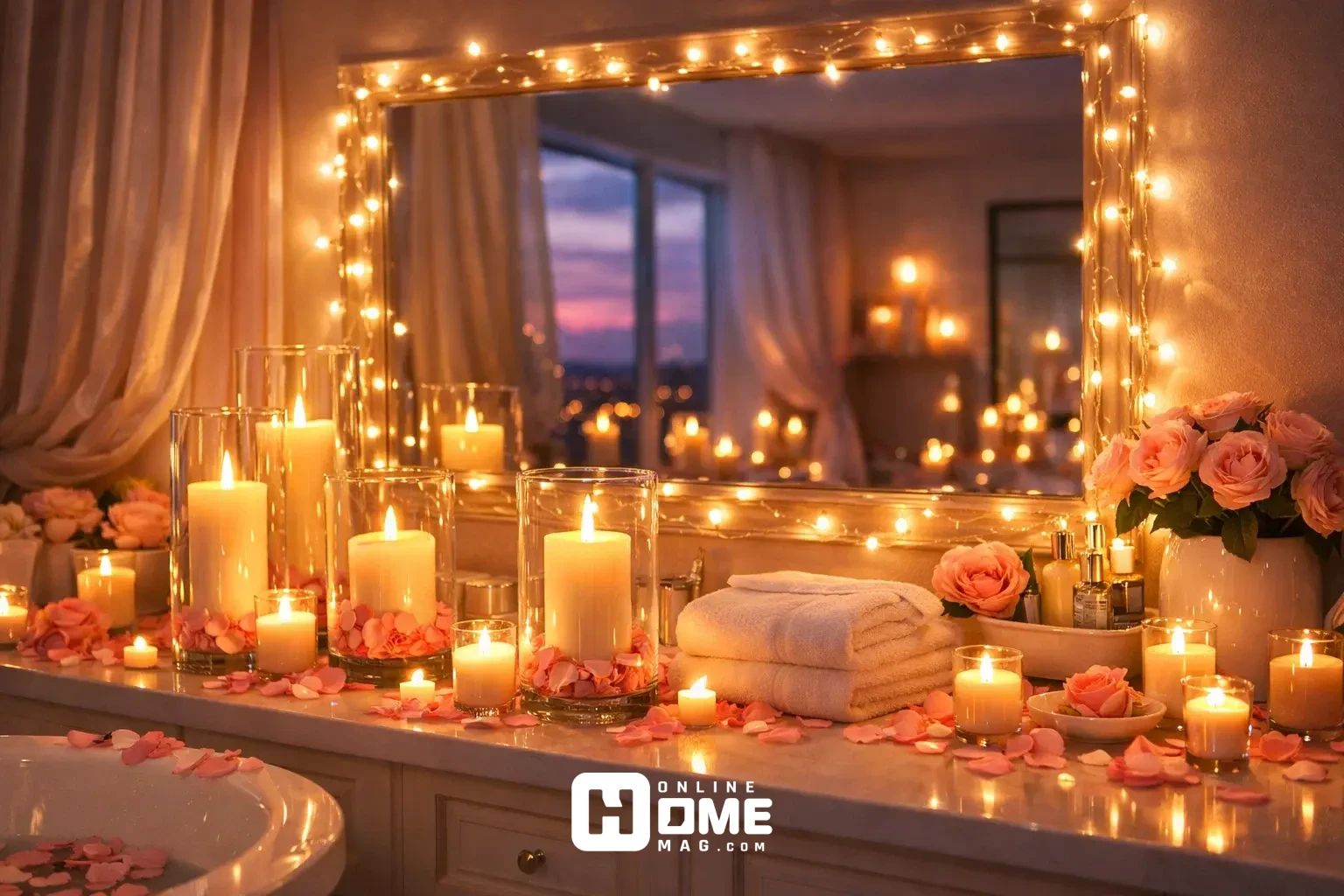 Romantic bathroom at twilight with string lights wrapped around large mirror
