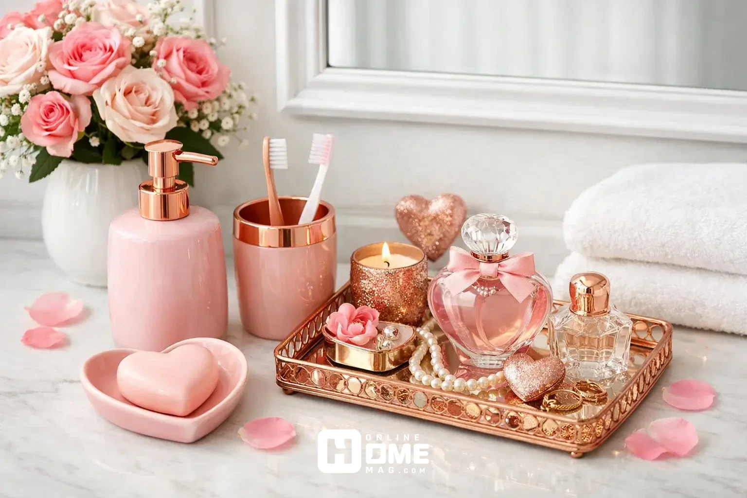 Elegant bathroom vanity with coordinated Valentine's day bathroom set