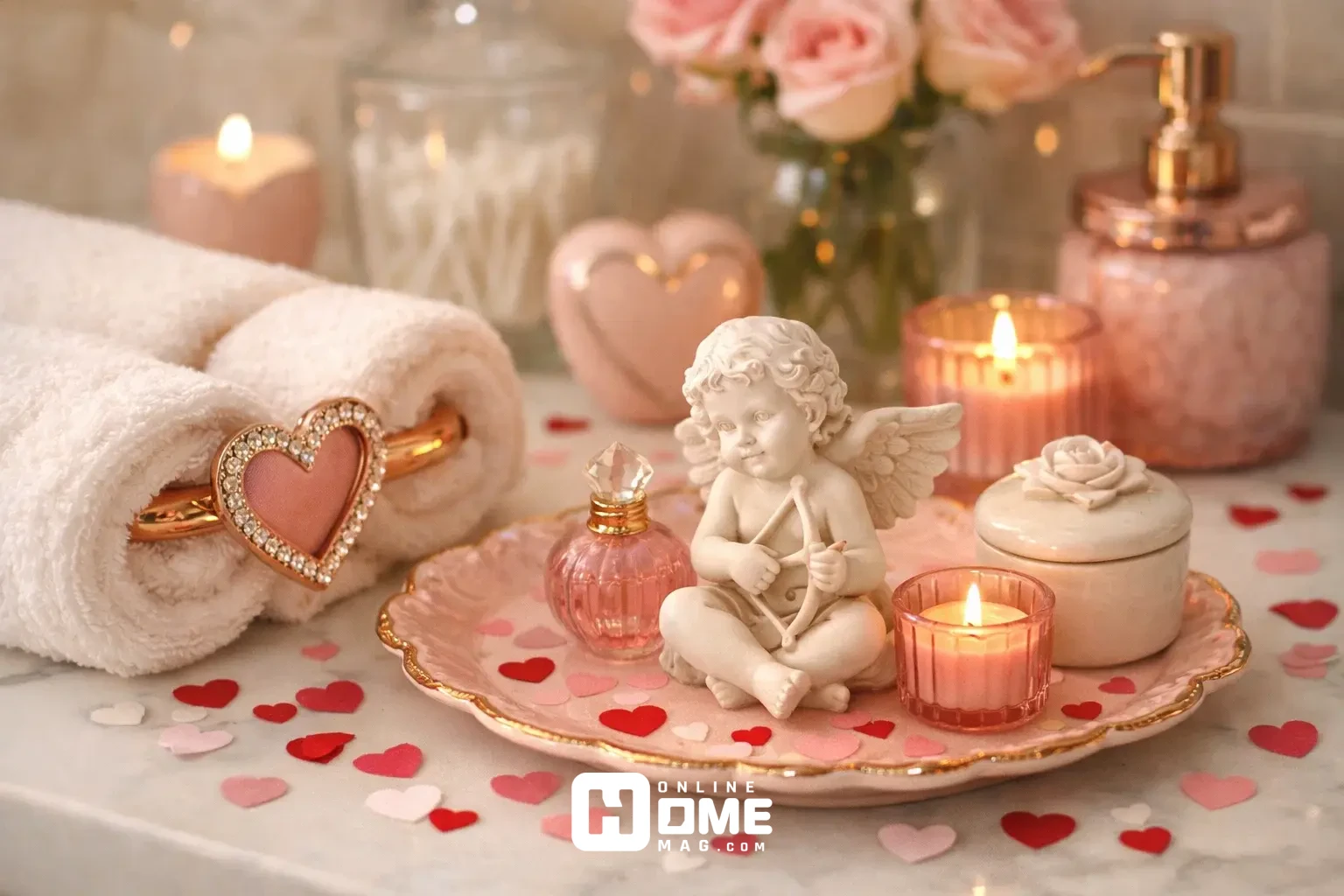 Creative bathroom styling using adapted valentine table decorations