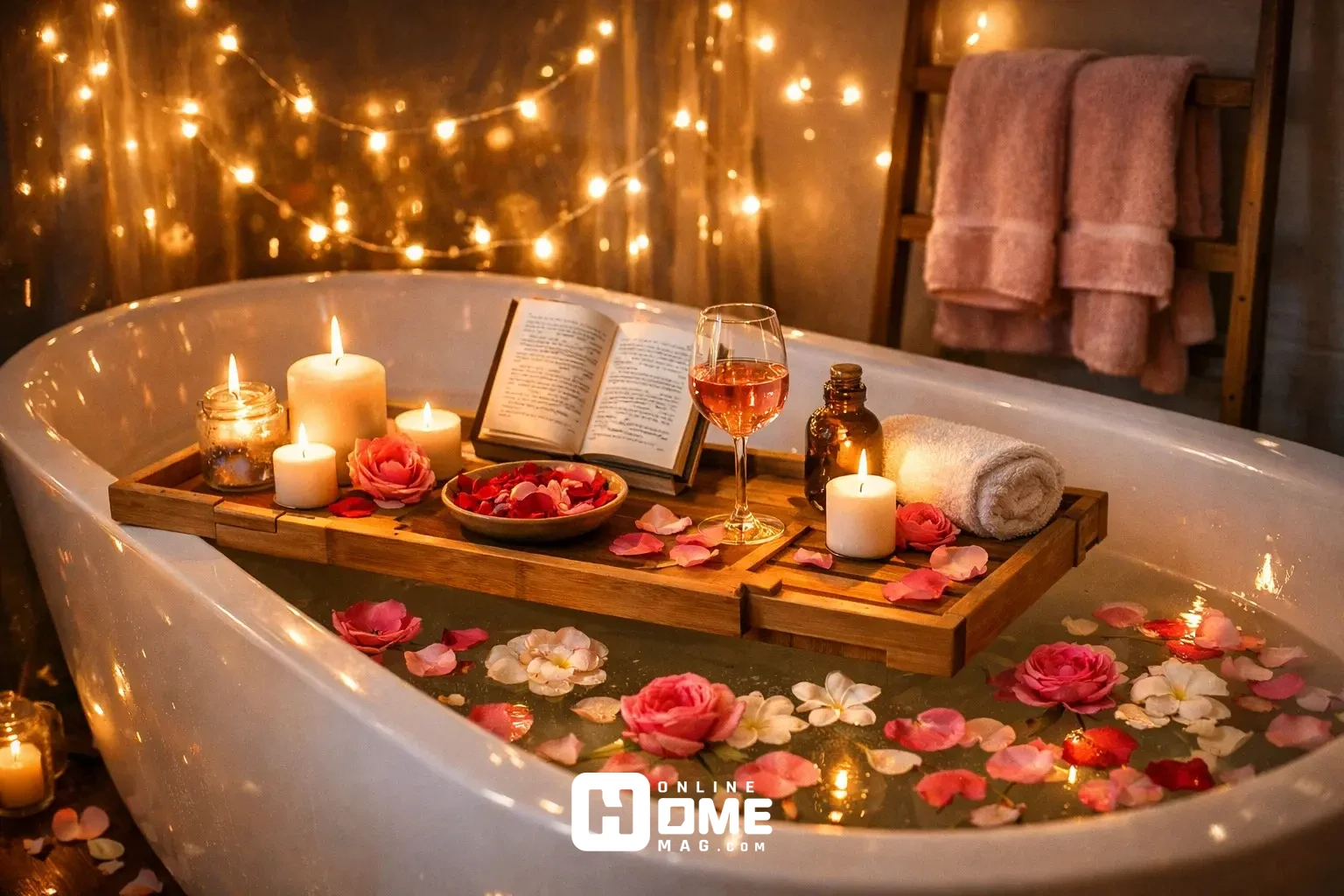 Luxury bathtub scene with bamboo bath caddy holding candles and rose petals