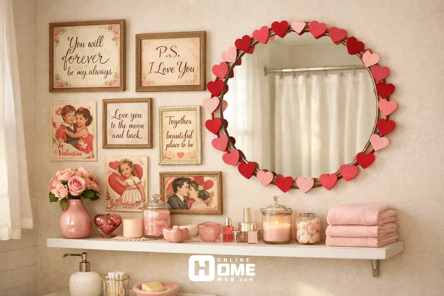 Bathroom wall decorated with gallery of framed romantic quotes