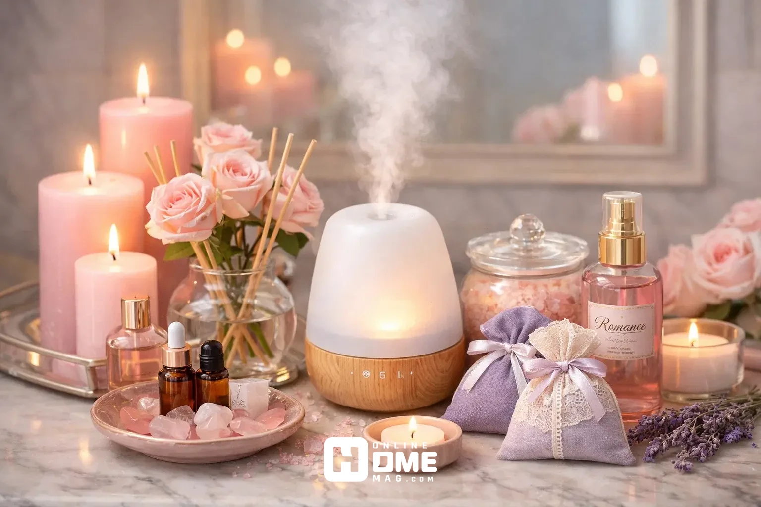 Elegant bathroom counter display with pink candles