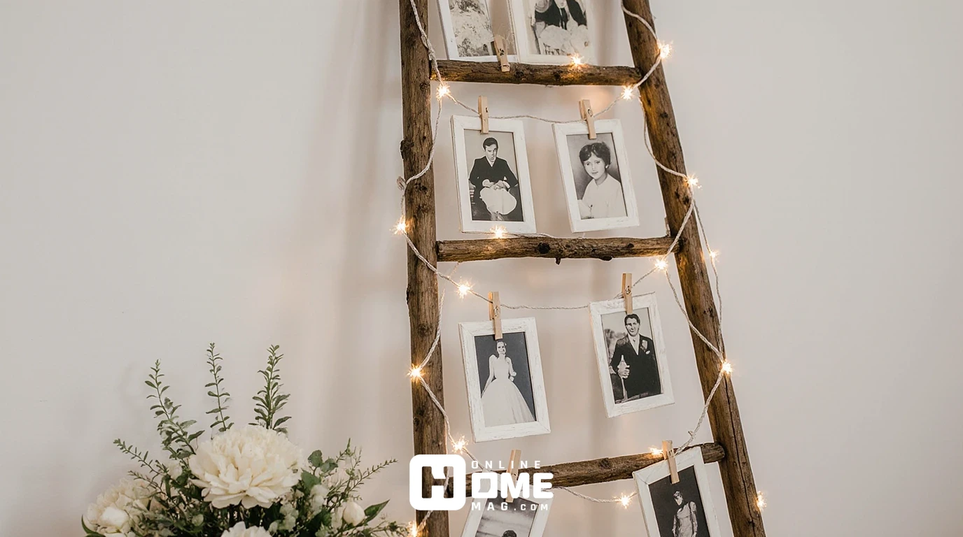 Vintage wooden ladder leaning against white wall, family photos in mismatched frames clipped to rungs with clothespins, fairy lights wrapped around ladder, small flower arrangements on floor beside it, nostalgic and charming