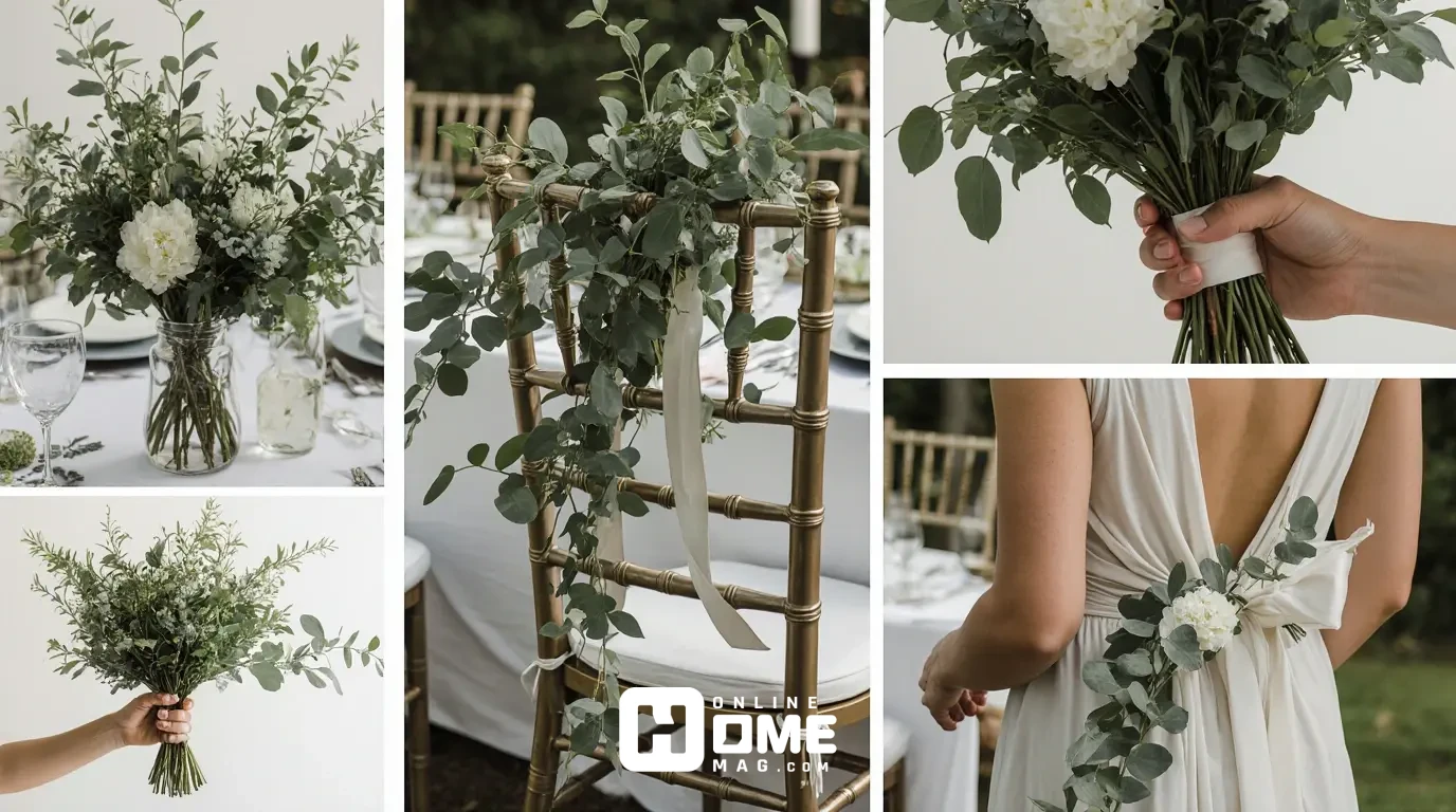 Cohesive wedding decor showing eucalyptus used in multiple ways - in centerpiece vase, in bouquet held by hands, draped on wall backdrop, tied to chair back with ribbon, demonstrating repetition and unity in simple design