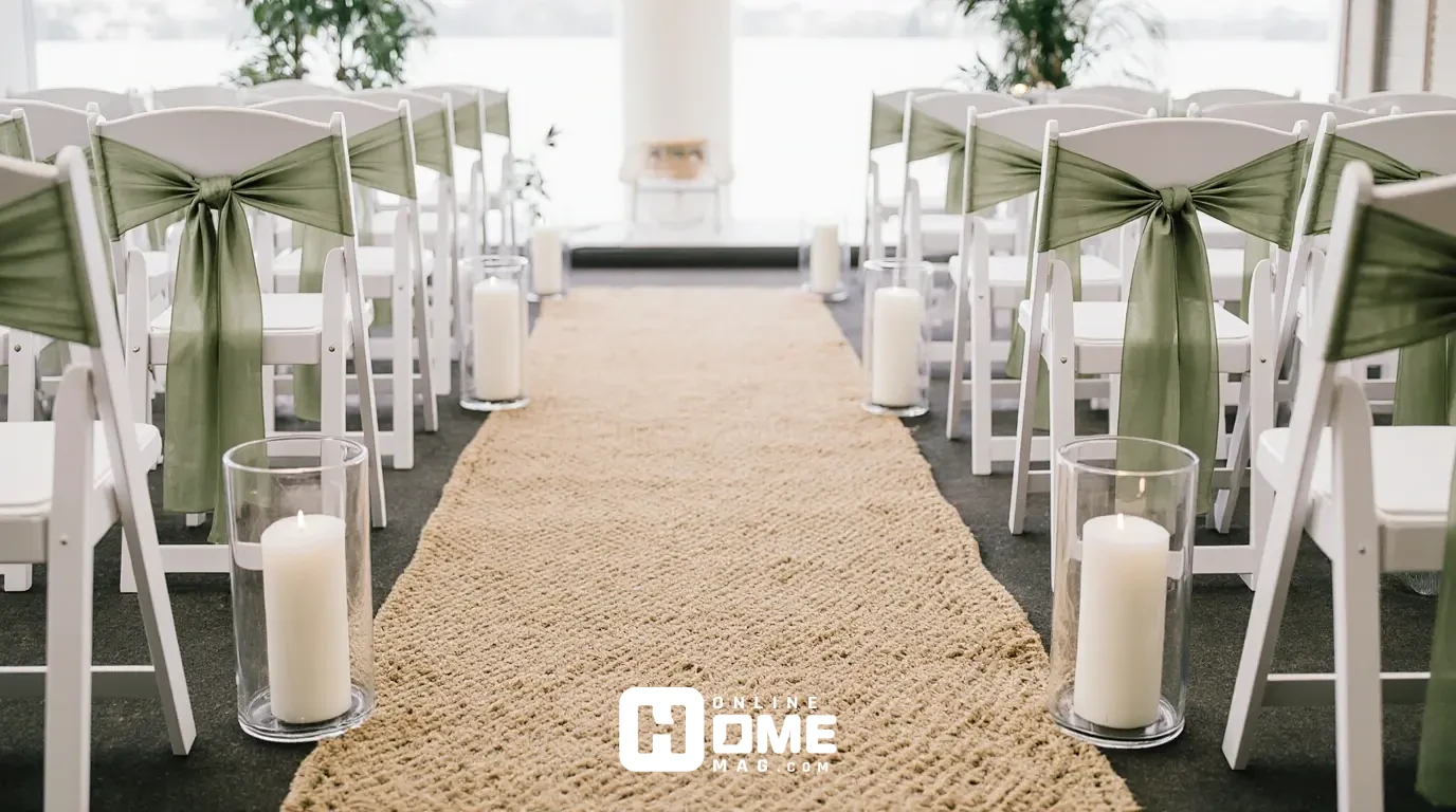 Minimalist wedding ceremony space with woven jute rug, two tall white pillar candles in glass hurricanes on each side, simple white chairs with sage green ribbon bows, natural lighting, clean and elegant