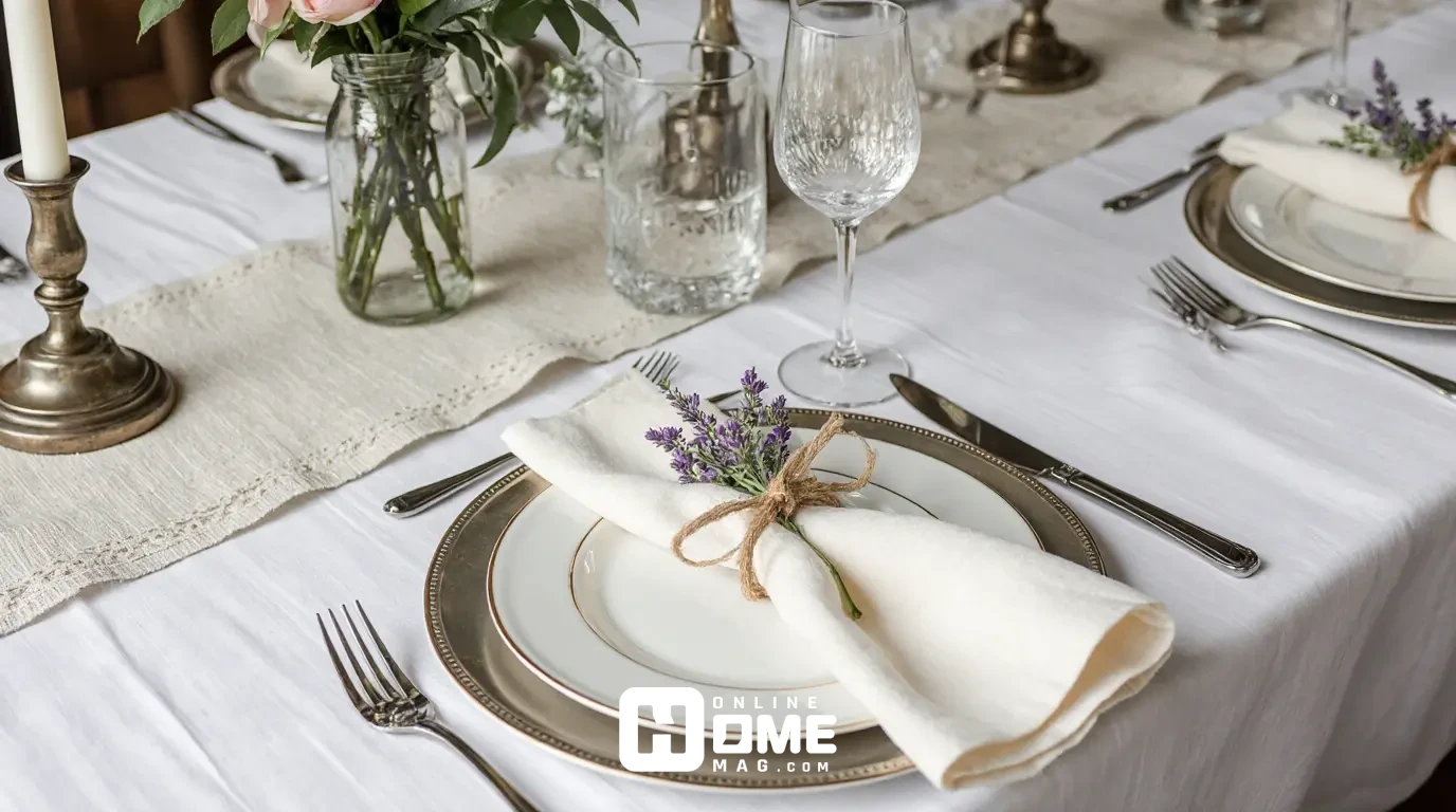 Simple elegant table setting with white tablecloth, cream napkin tied with jute twine and lavender sprig, vintage mismatched glassware, single stem rose in small bottle, minimalist and rustic