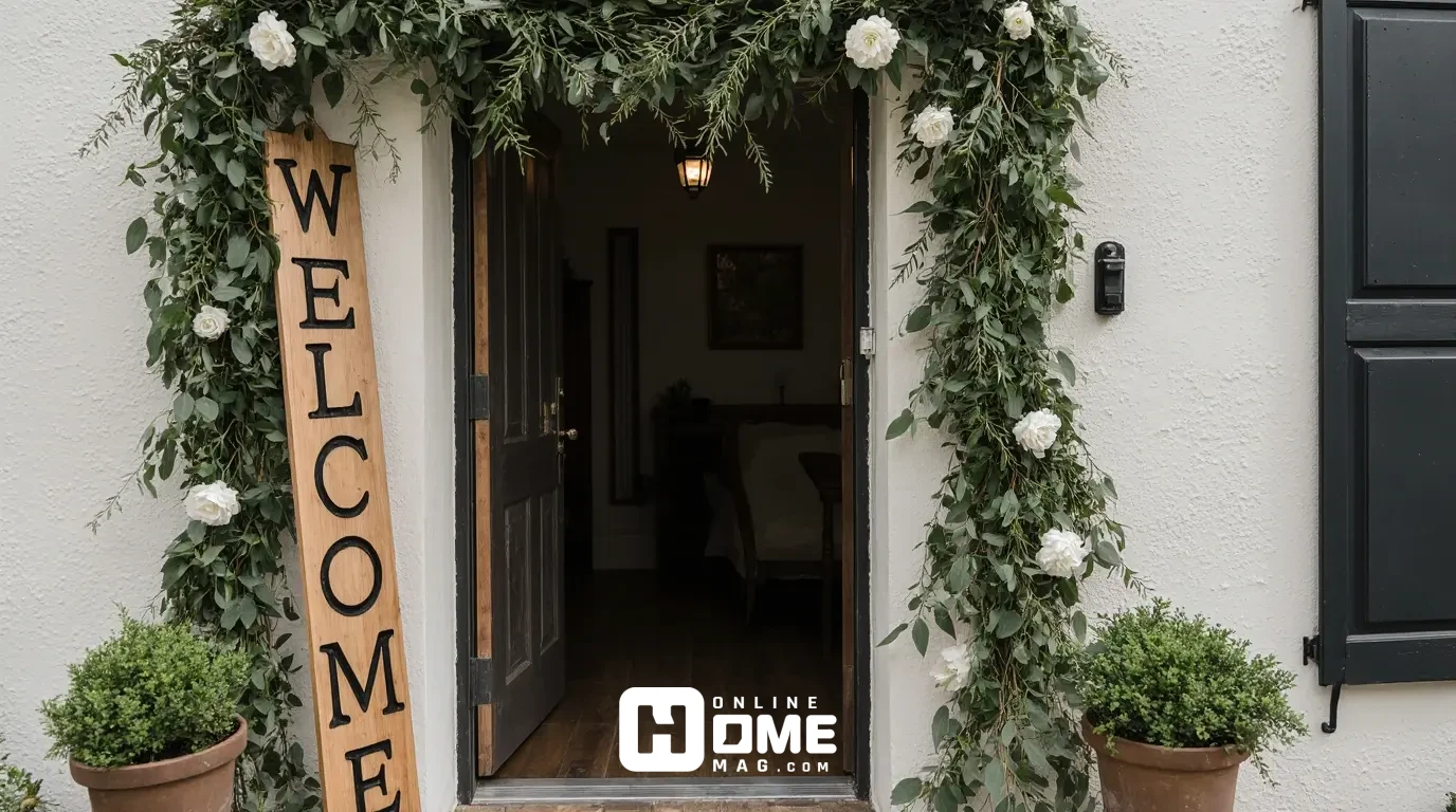 Home entrance with wooden welcome sign leaning against wall, potted rosemary plants lining walkway, eucalyptus garland wrapped around door frame with white roses tucked in, natural daylight, inviting and simple 