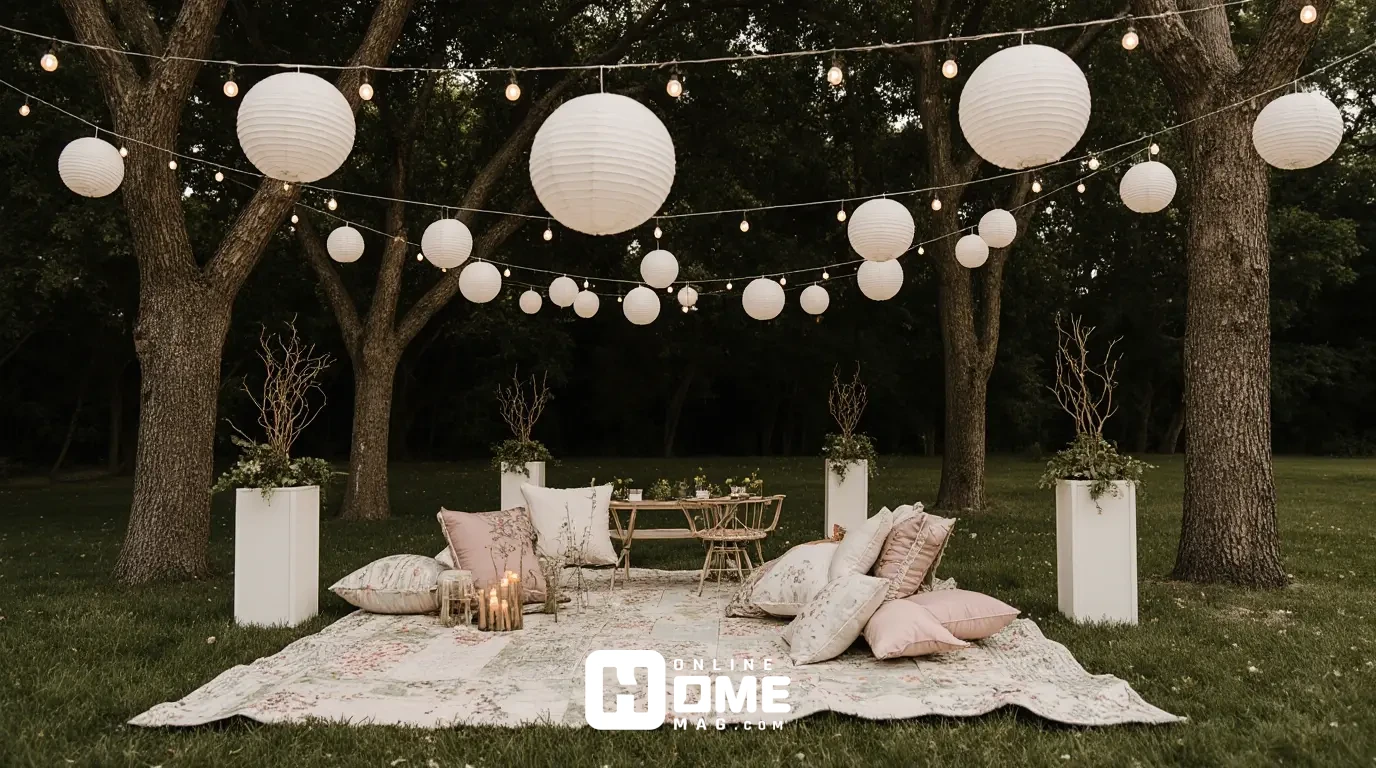 Backyard wedding setup with string cafe lights between trees, vintage quilts spread on grass with floor cushions, white paper lanterns hanging at different heights, tree branches in large planters, natural and relaxed atmosphere