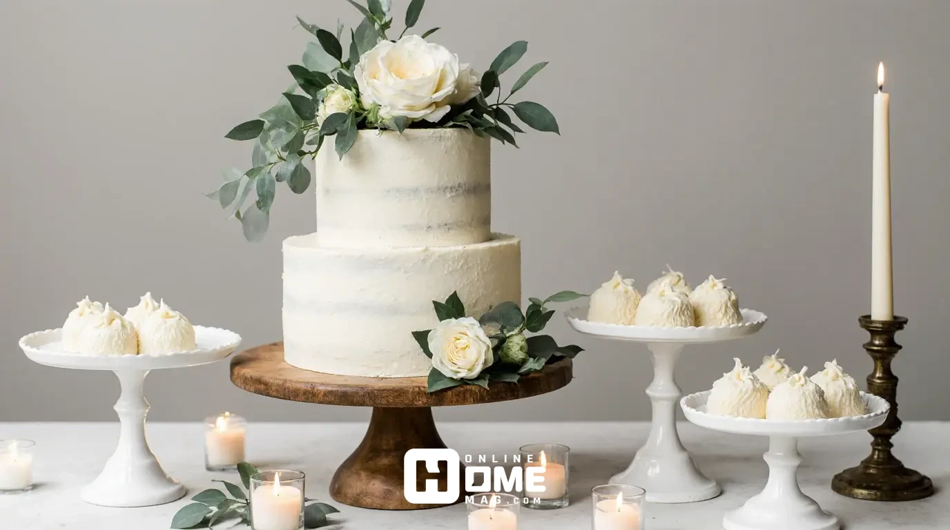 Simple white wedding cake on wooden pedestal, topped with fresh eucalyptus leaves and white roses, surrounded by white cake stands with various heights displaying white desserts, small votive candles scattered around, clean and elegant presentation