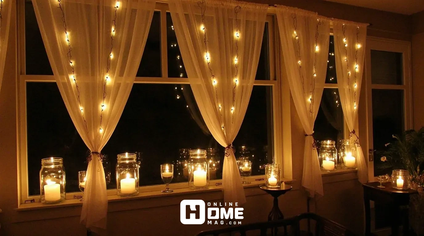 Evening reception space with mason jar luminaries filled with floating candles along windowsill, fairy light curtains hanging as backdrop, warm golden glow throughout space, romantic and intimate atmosphere