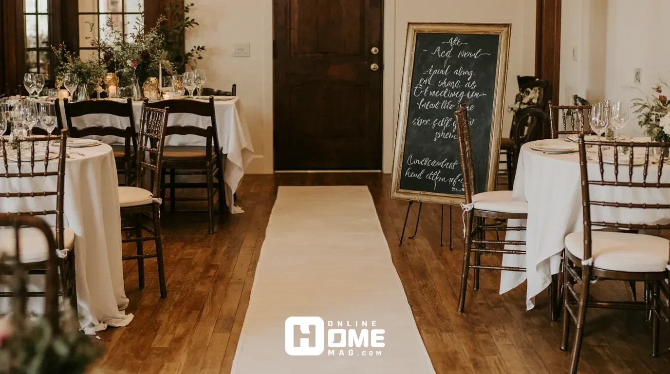 Home interior prepared for wedding reception with furniture arranged to create clear pathways, cream fabric runner on floor guiding guests, simple chalkboard sign with elegant hand lettering, uncluttered and flowing space