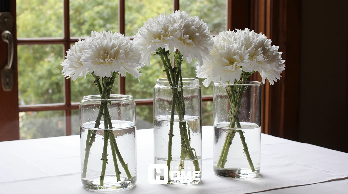 Three clear glass vases of different heights filled with single variety white carnations, stems trimmed to same length, sitting on white tablecloth, simple and elegant, natural window light