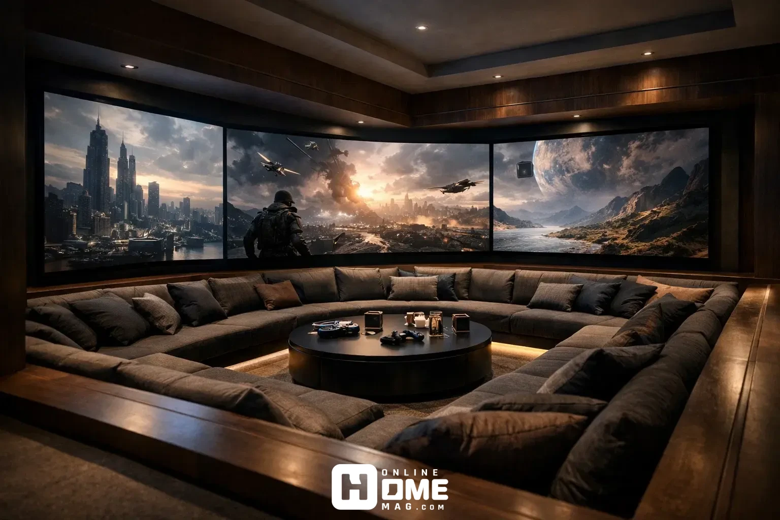 A luxury recessed gaming lounge