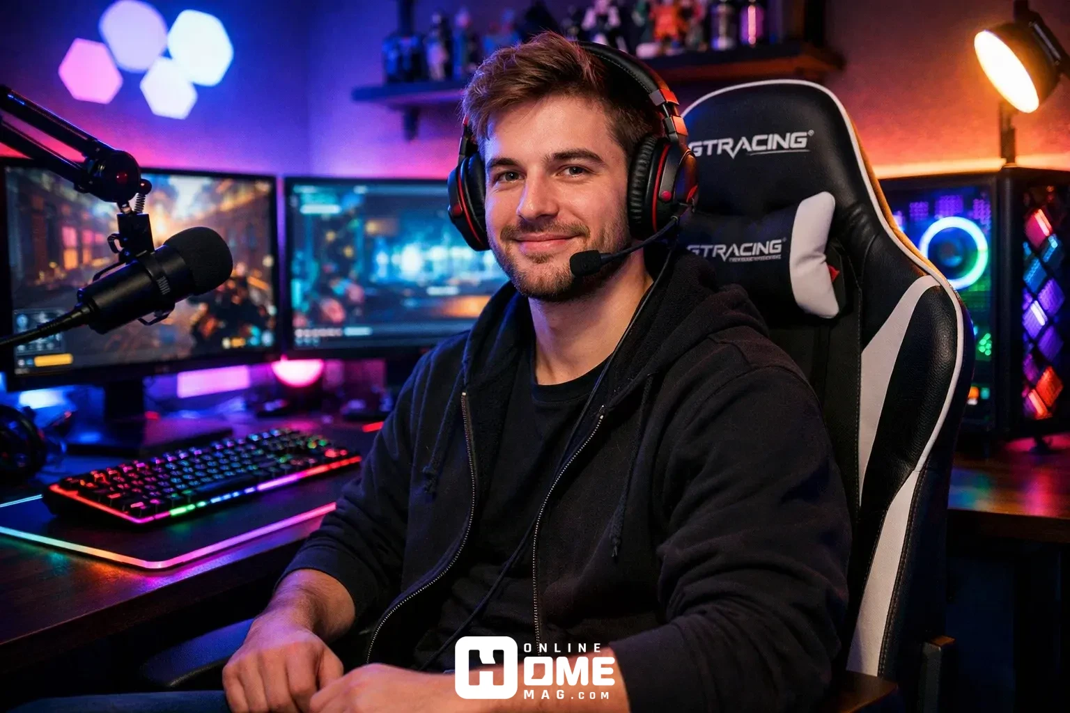 GTRacing gaming chair with colorful LED lights and gaming equipment in the background