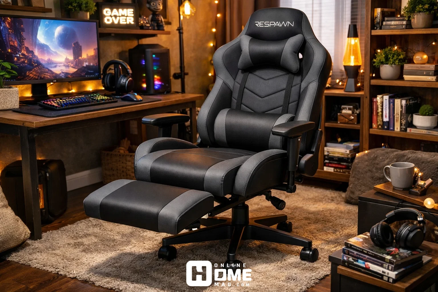 A Respawn gaming chair with a built-in footrest