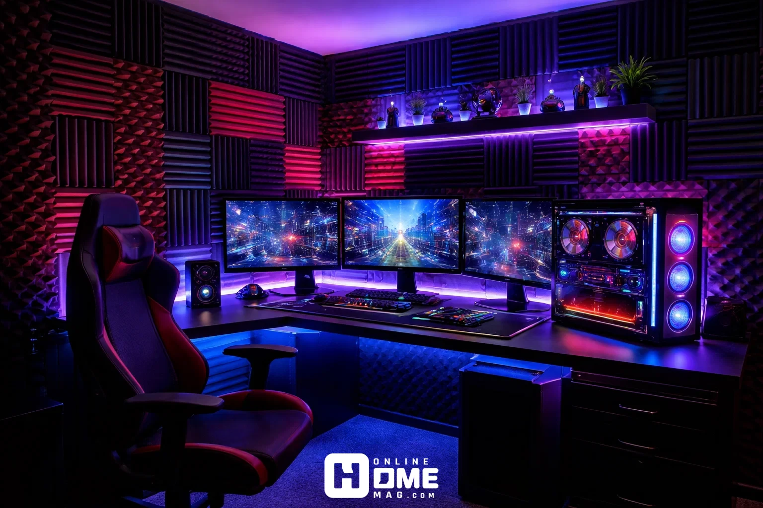 A gaming room with acoustic foam panels on the walls and gaming furniture, creating an immersive environment.