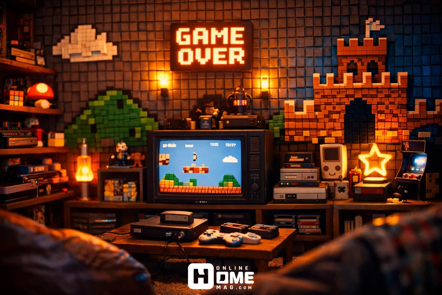 Cinematic retro gaming room