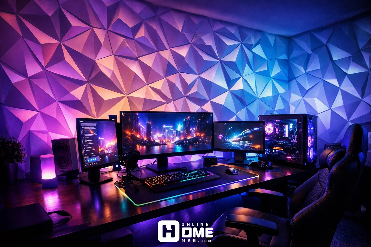 Cinematic gaming room, white 3D diamond PVC panel accent wall washed in purple to blue RGB gradient lighting, multiple gaming monitors reflecting colored light, dramatic shadow play across panel facets, editorial wide angle photography, ultra detailed, atmospheric