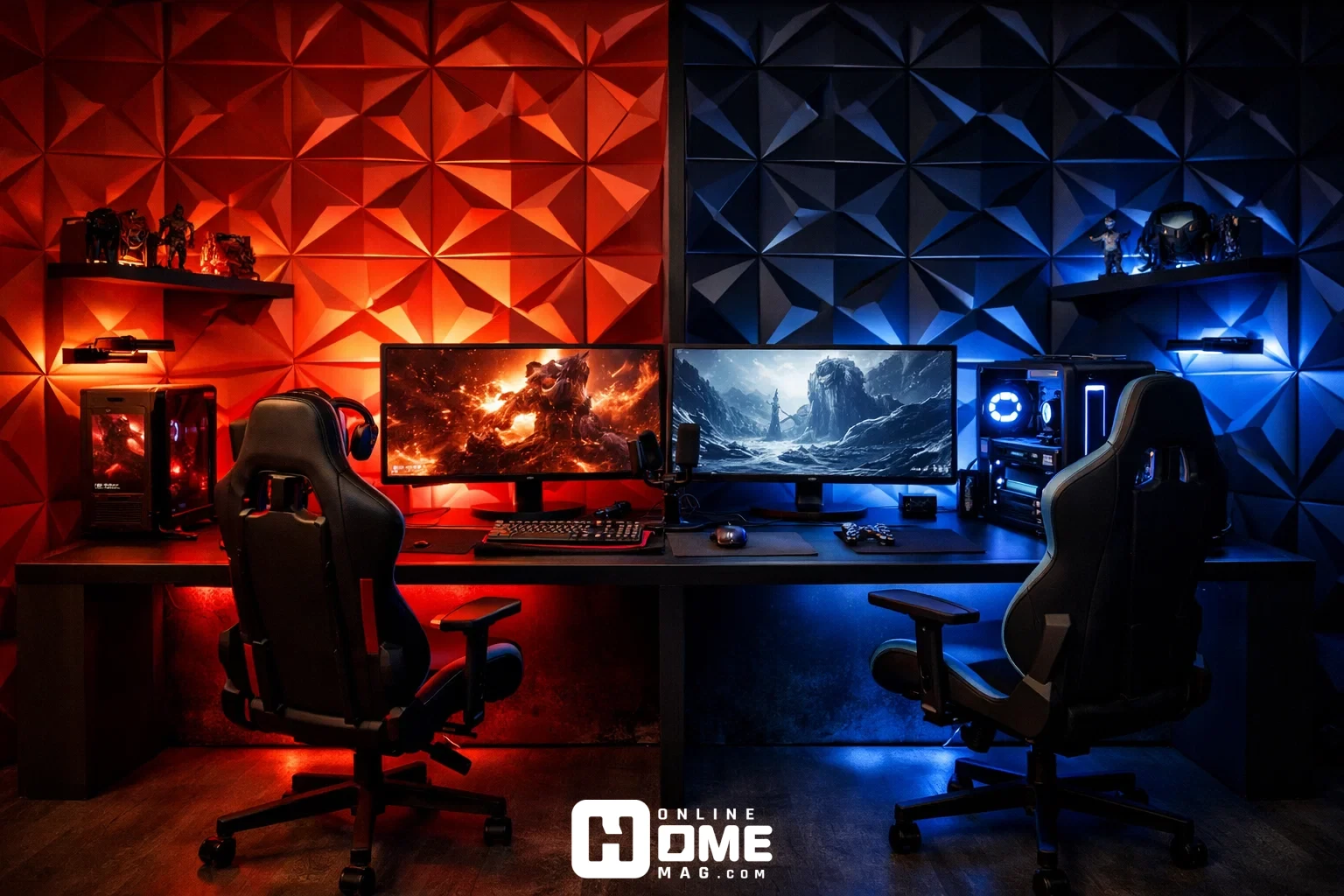 Cinematic gaming room split personality wall, left half red 3D diamond PVC panels with warm amber lighting, right half black panels with cool blue lighting, central gaming desk positioned at the dividing line, dramatic color contrast, editorial wide angle interior photography