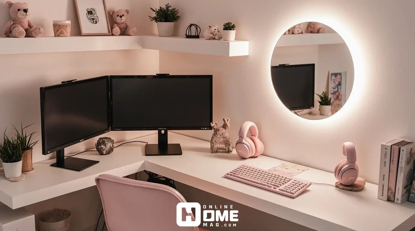 Aesthetic girl gaming room with a white floating desk