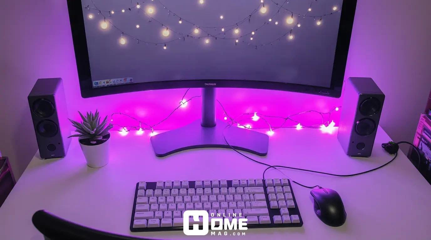 white gaming desk with lavender RGB