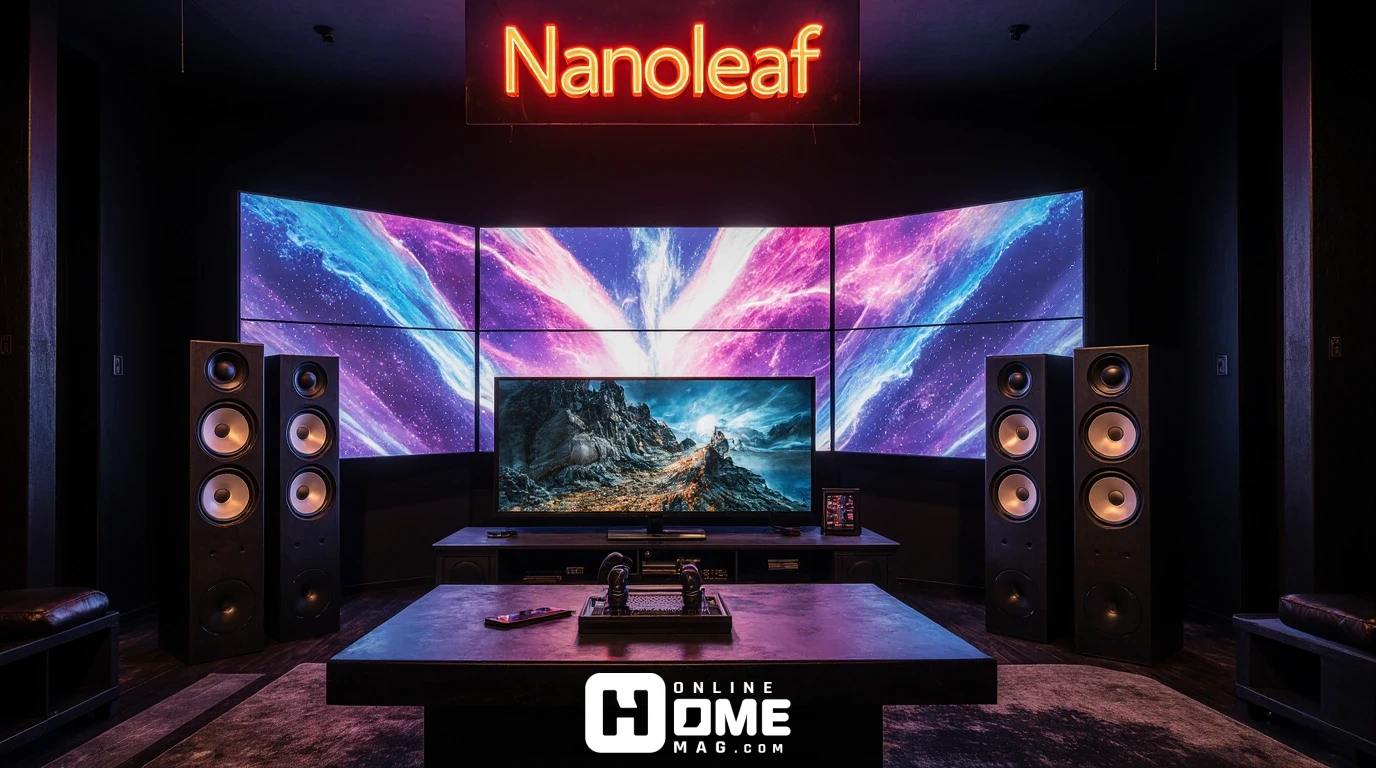 Large gaming room feature wall with a full grid of color-reactive Nanoleaf panels