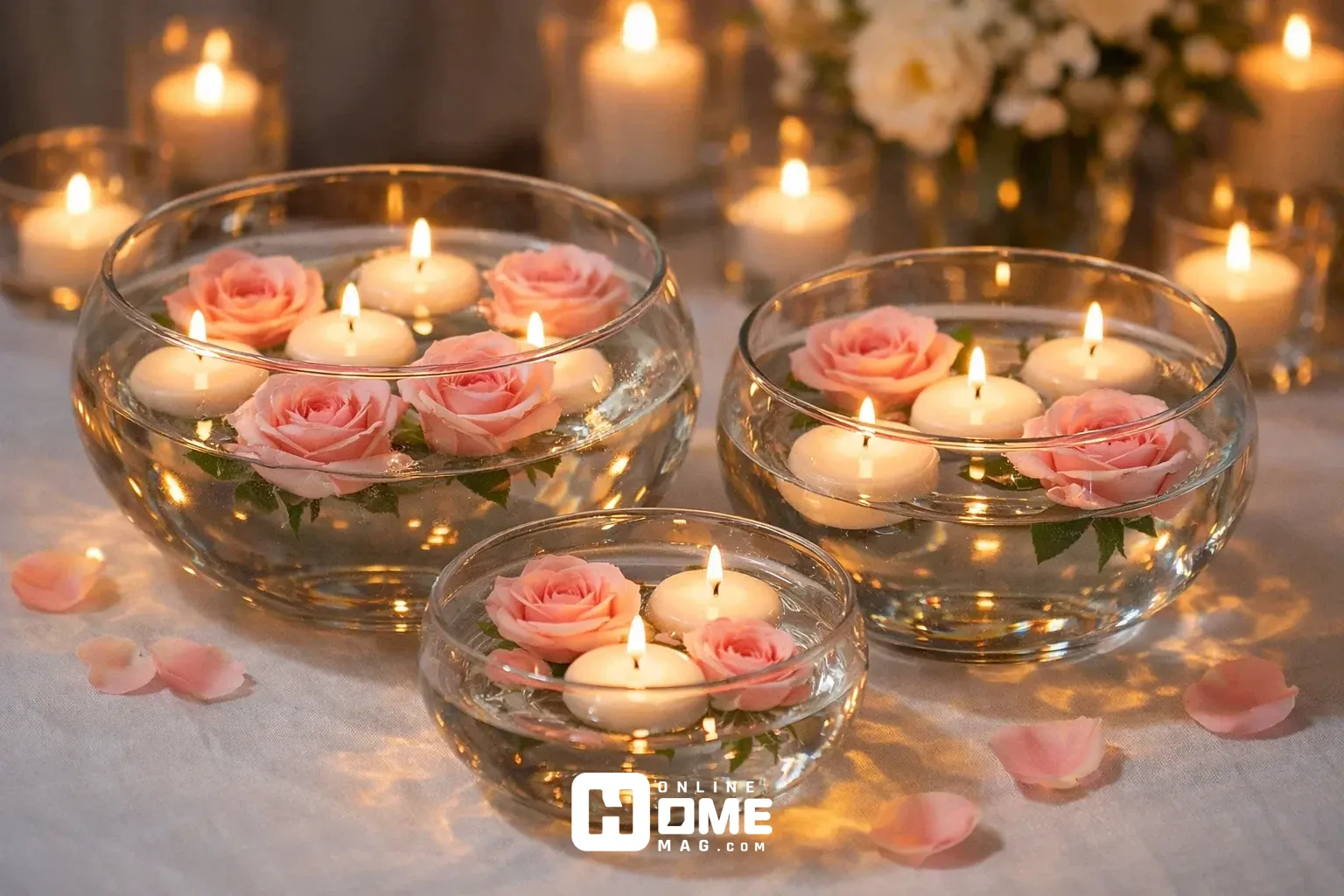 Three glass bowls of varying sizes with floating pink roses and white candles