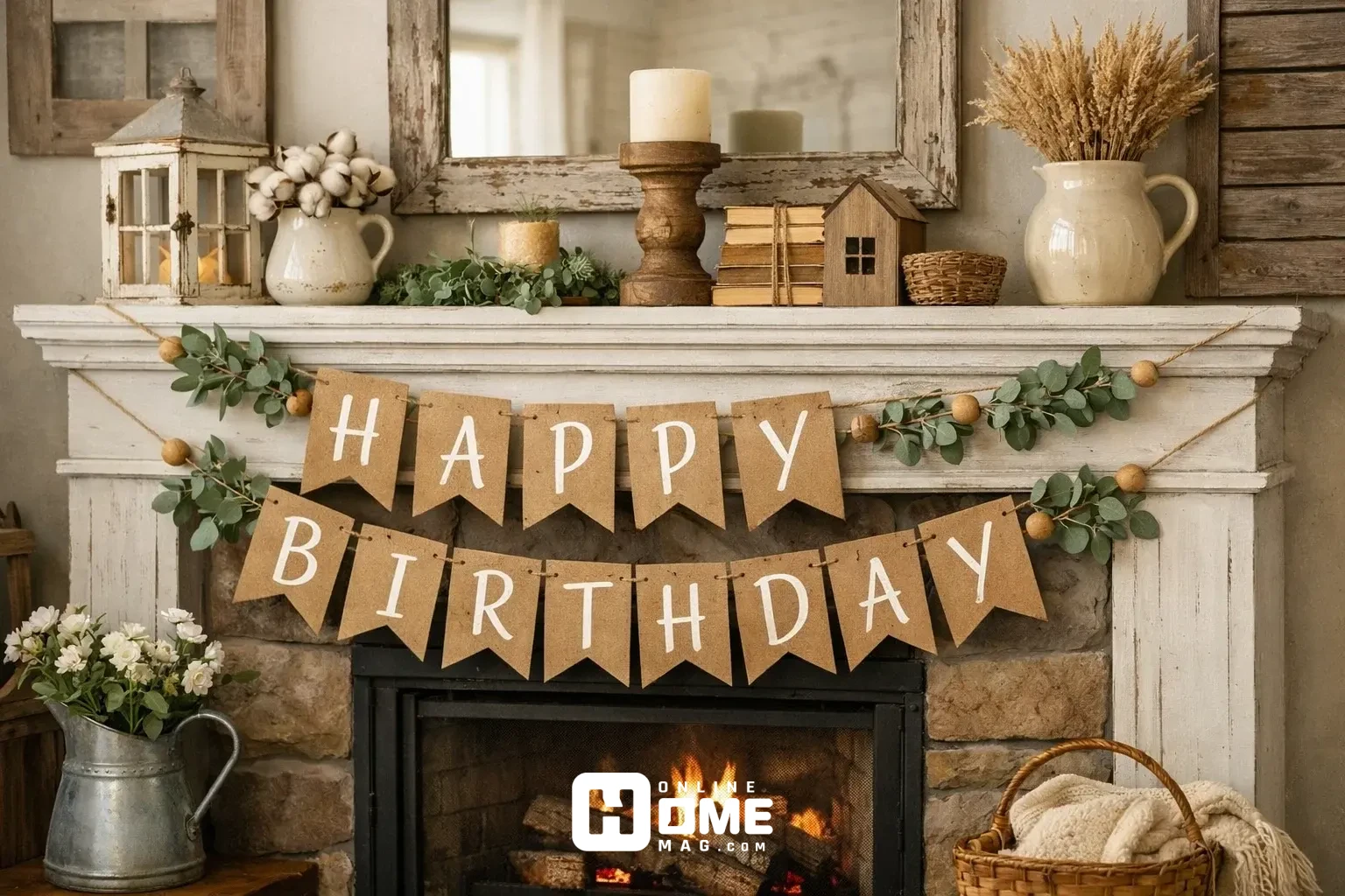 Rustic kraft paper banner with hand-lettered "HAPPY BIRTHDAY" pennants 