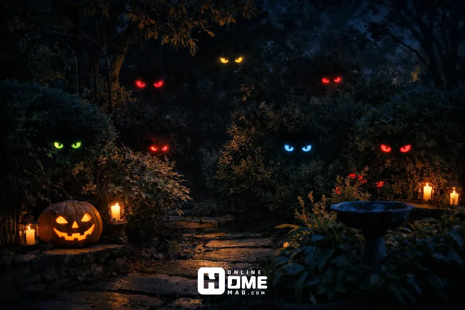 halloween garden decorations glowing eyes bushes landscaping night display