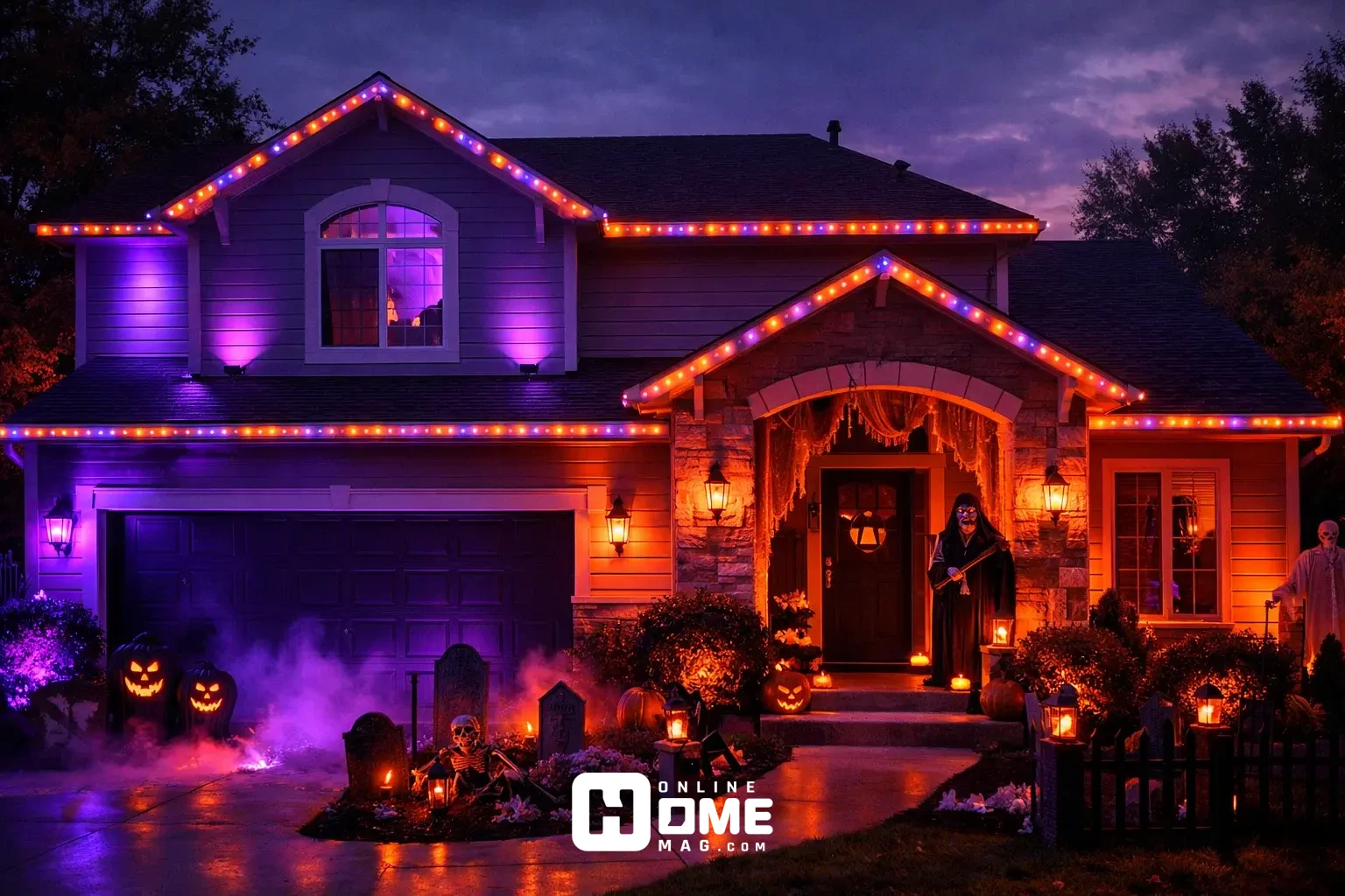 halloween lights outdoor color scheme coordinated display facade lighting