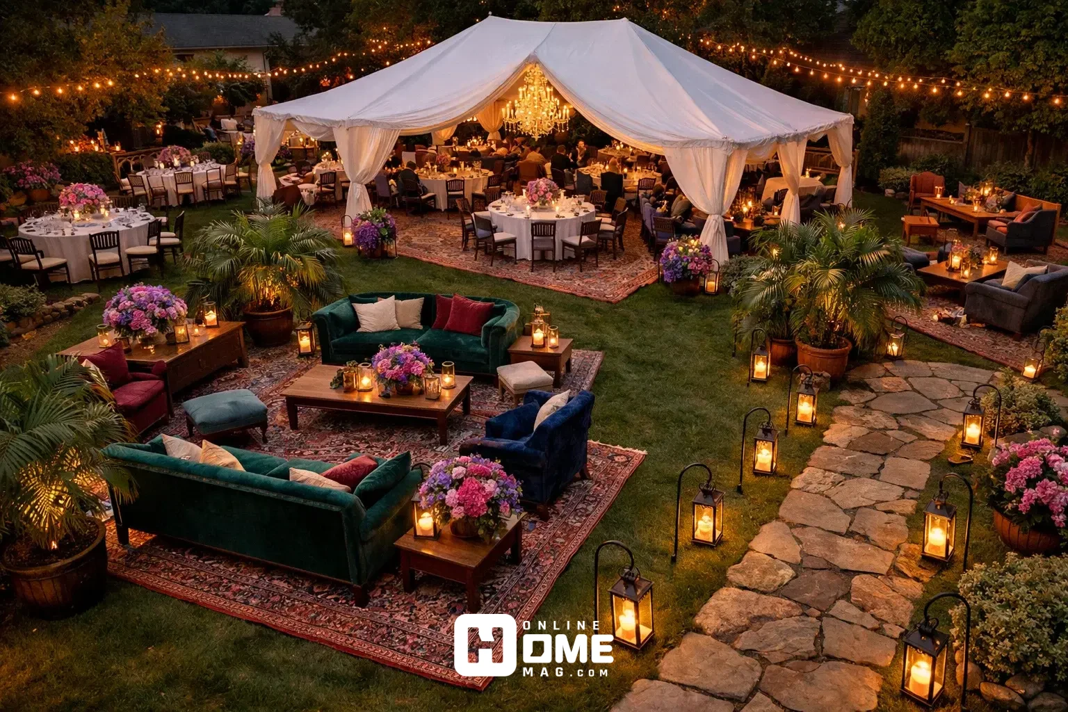 Luxury backyard wedding decor with a white tent canopy, chandelier lighting, lounge seating on Persian rugs, lantern-lit pathways, and lush greenery at dusk.