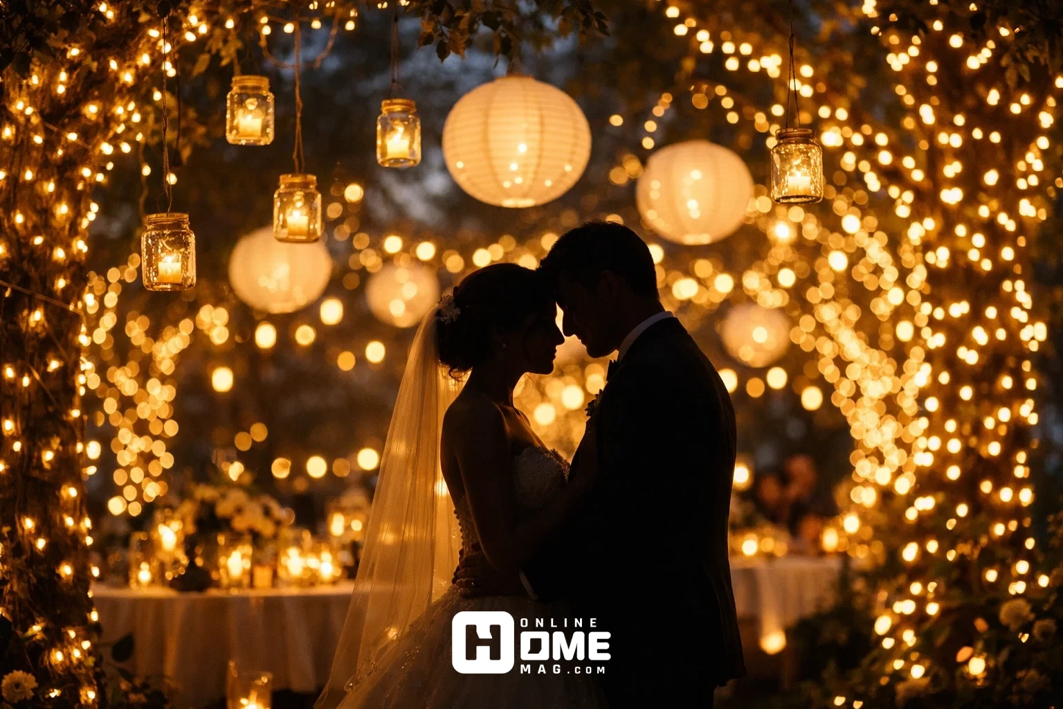 Enchanted garden wedding decor at twilight with fairy lights wrapped around trees, glowing lanterns and mason jars, and a silhouetted couple in a magical forest setting.