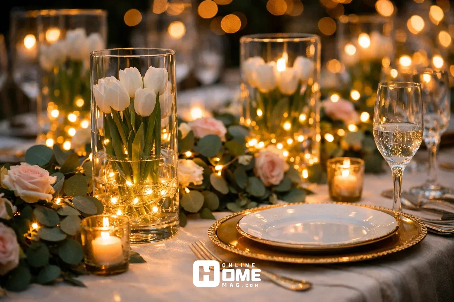 Elegant outdoor wedding table decor with fairy lights woven through eucalyptus and rose garlands, glowing glass vases with white tulips, and gold-rimmed chargers.