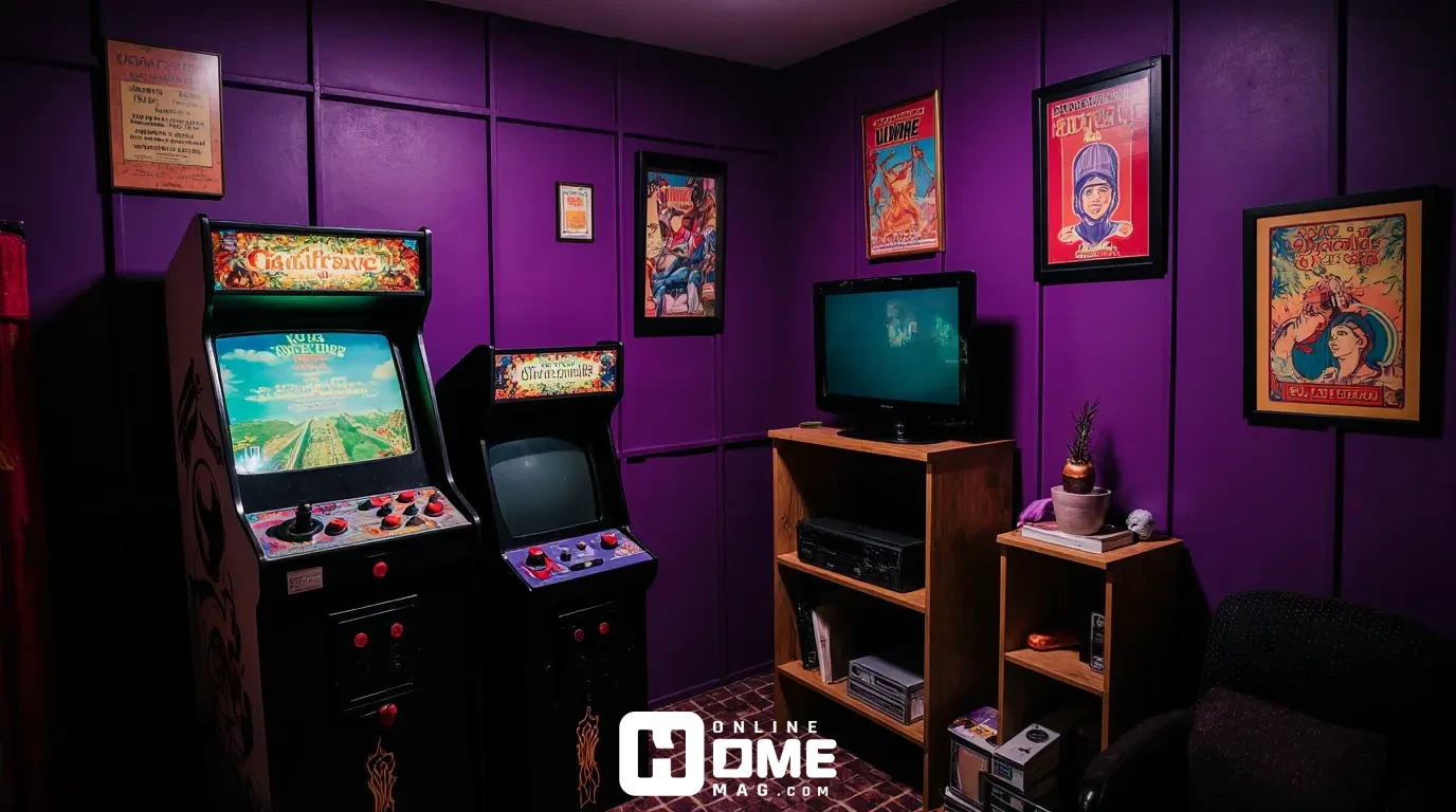 Retro arcade game room color scheme with dark walls and neon accents