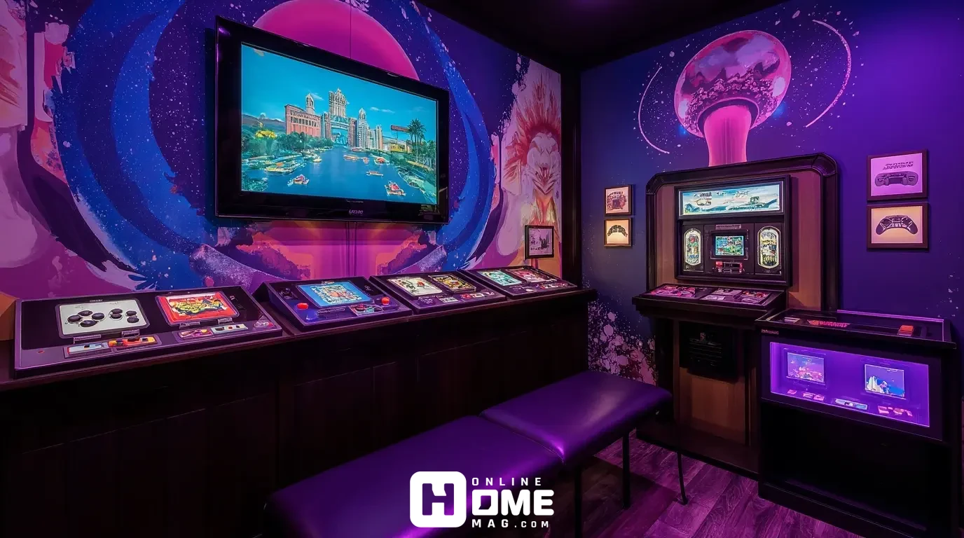 retro game room luxury arcade cabinets pixel art mural neon lighting