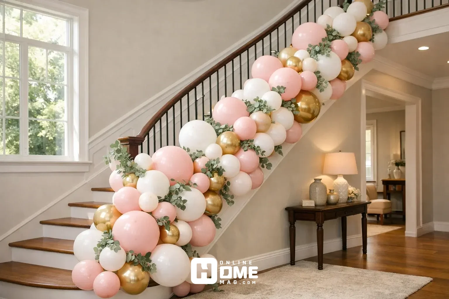 An elegant home staircase decorated with an organic balloon 