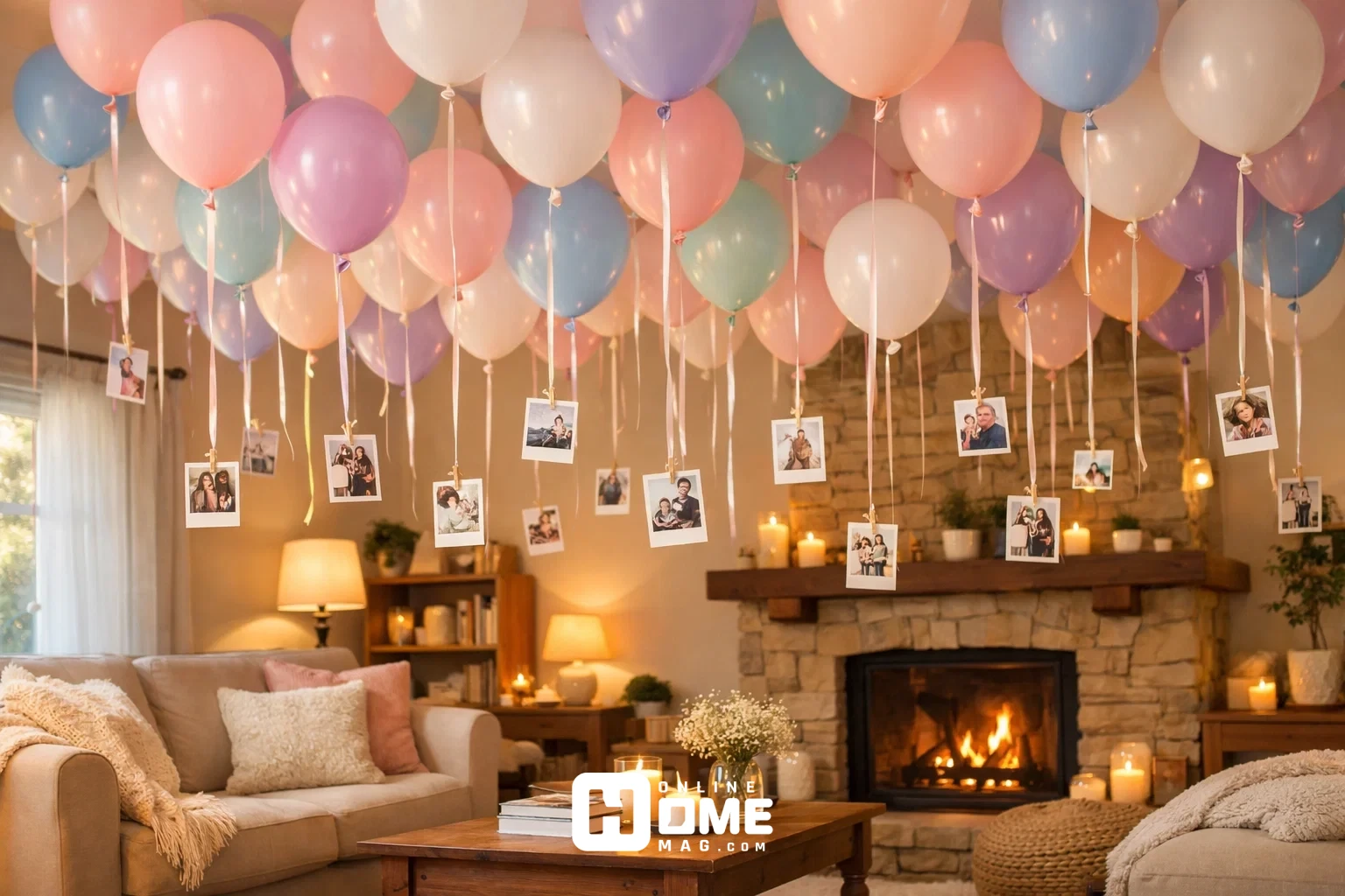 Living room ceiling filled with floating helium balloons in pastel colors