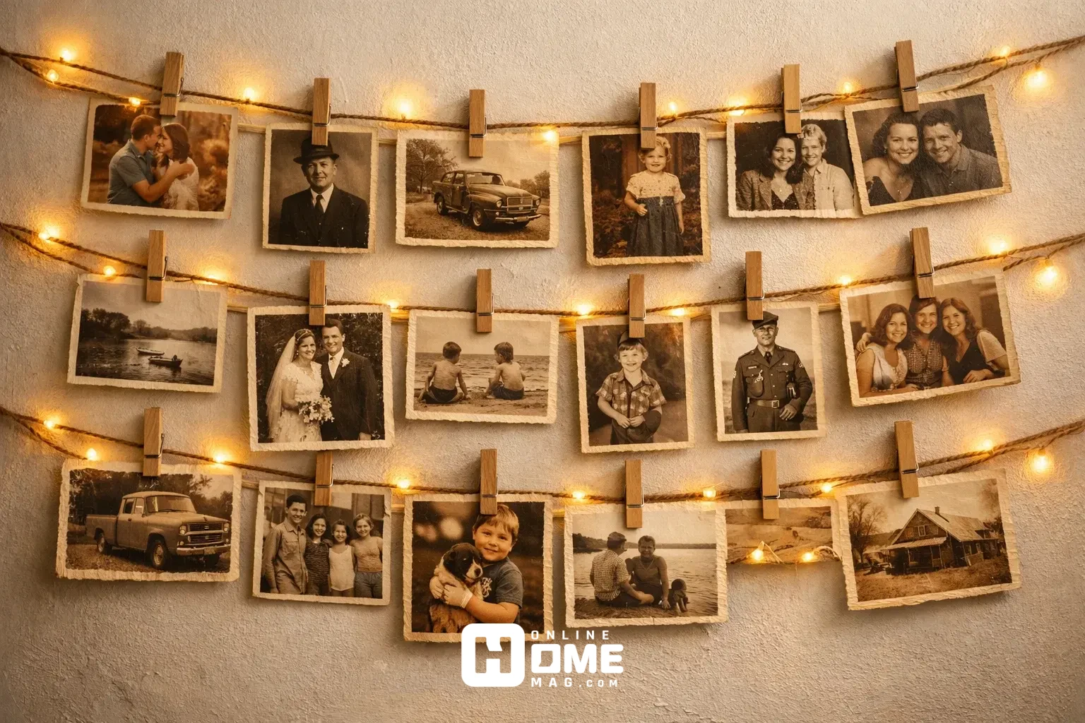 Rustic photo memory wall with vintage photos 