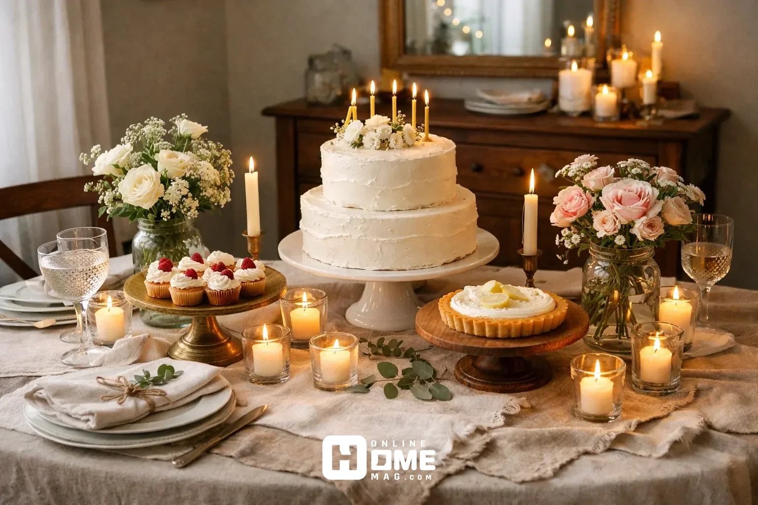 Elegant birthday table setup with layered linens