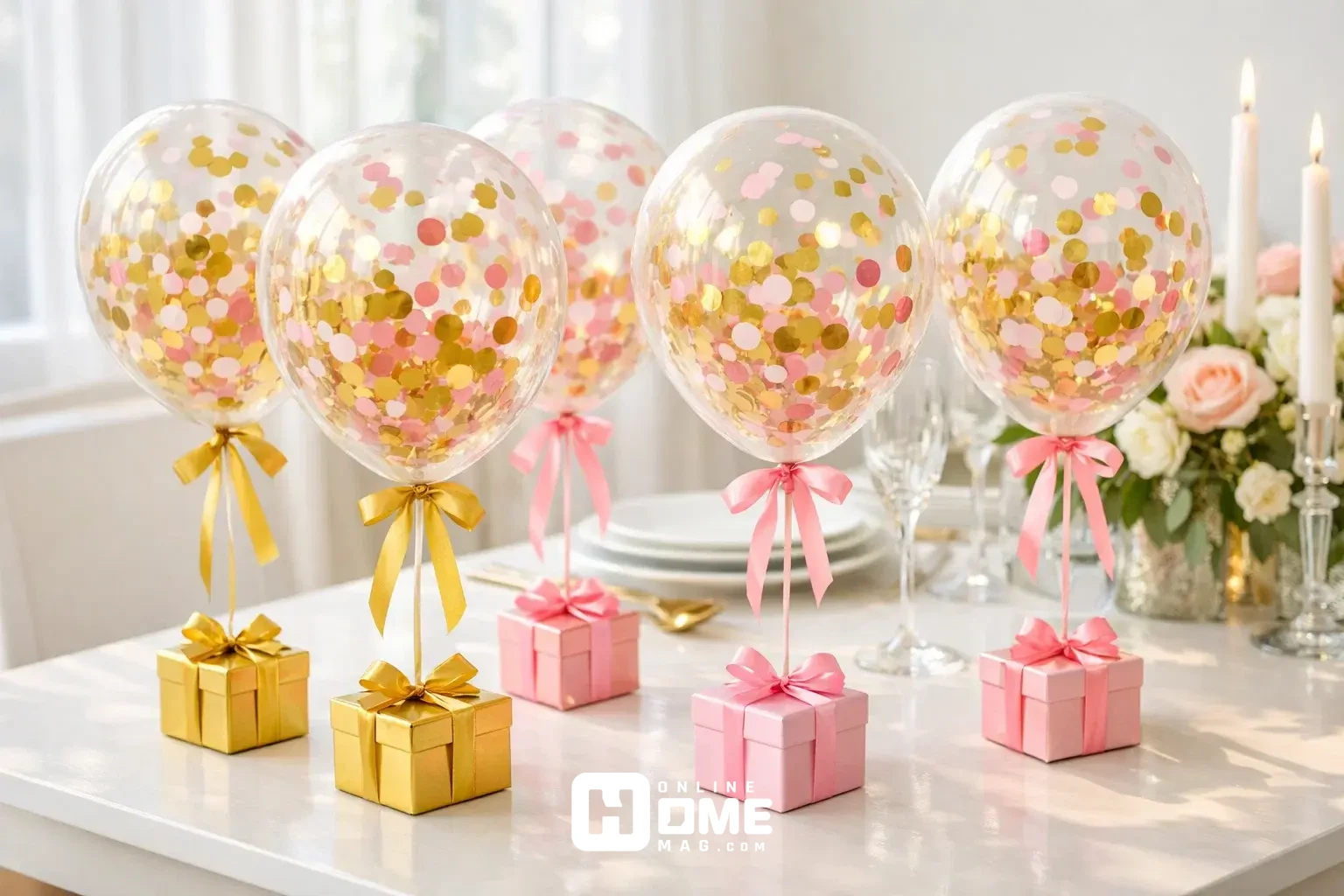  Clear balloons filled with gold and pink confetti on a white dining table