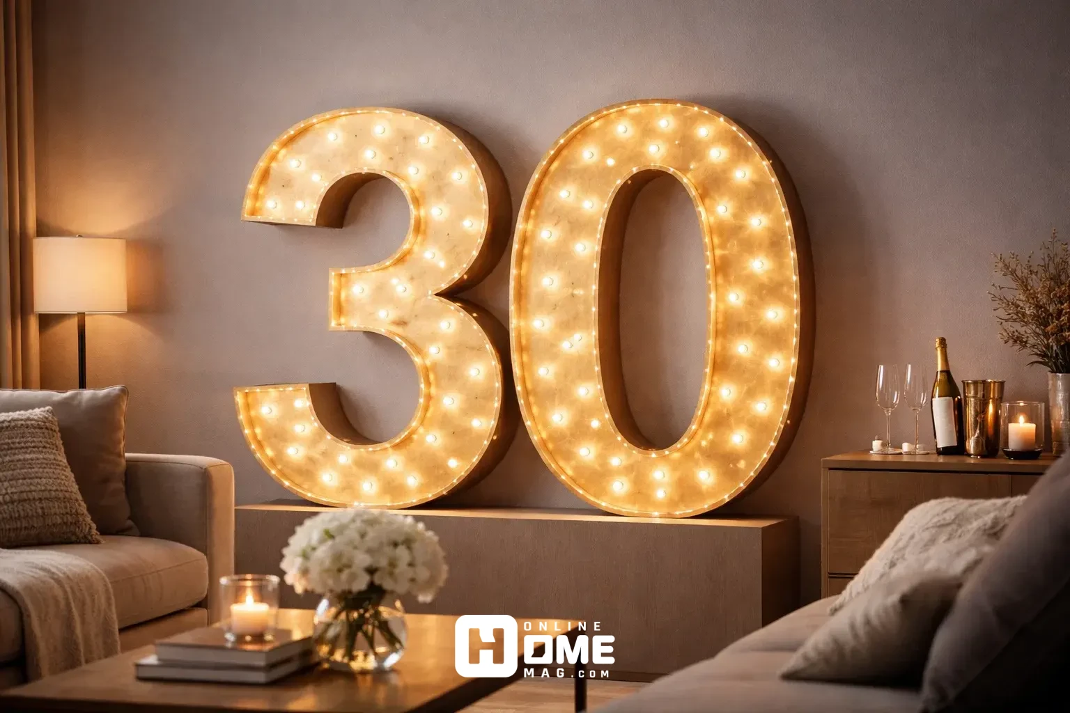 Large illuminated number "30" made with string lights 