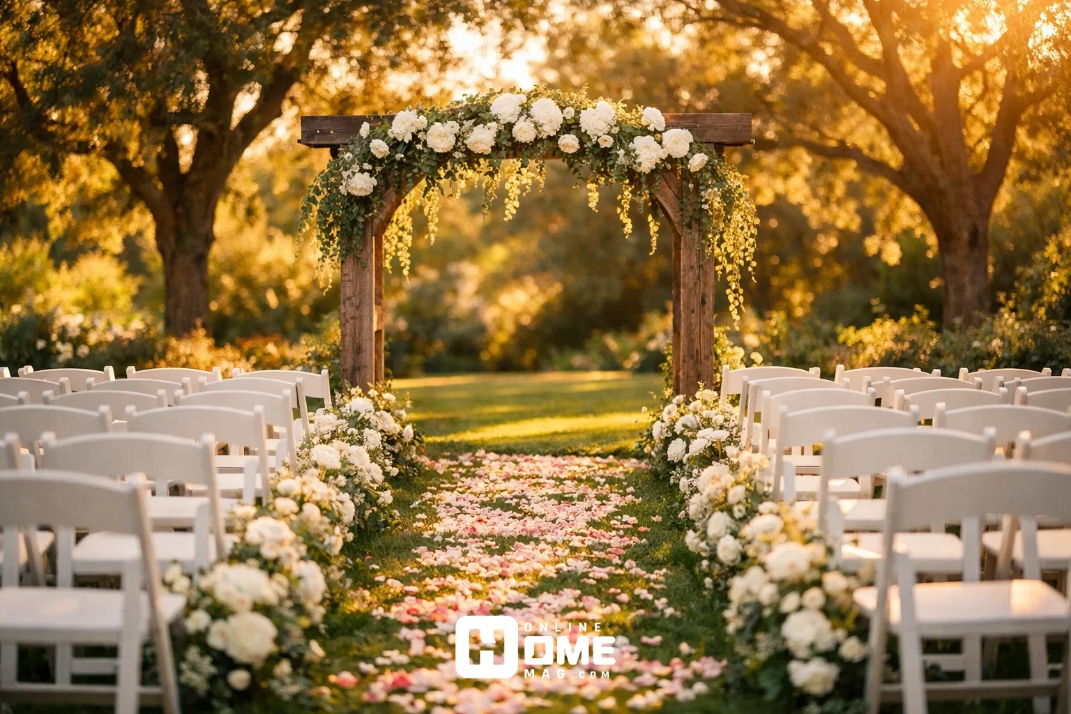 Outdoor wedding ceremony decor in a sun-drenched garden featuring white wooden chairs arranged on lush green grass, a flower-lined aisle with rose petals, and a rustic wooden arch adorned with white peonies and trailing ivy, captured during golden hour with a romantic, soft-focus atmosphere.