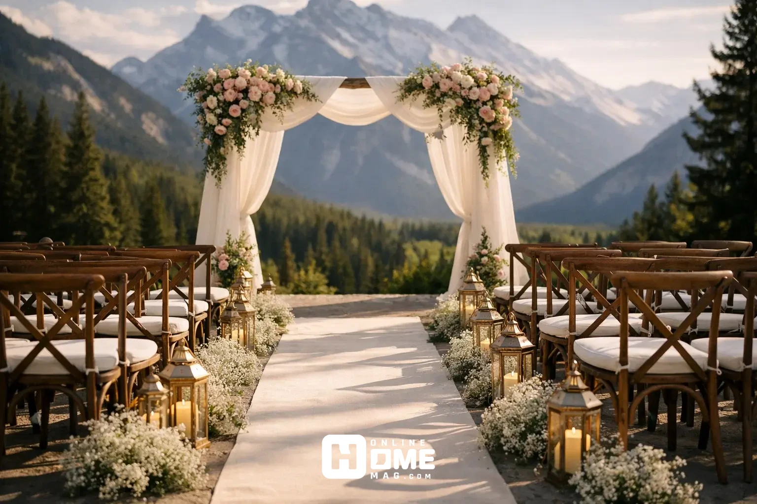 Outdoor wedding ceremony decor with a white fabric-draped arch, blush roses, eucalyptus garlands, lantern-lined aisle, and vintage wooden chairs set against a mountain backdrop.