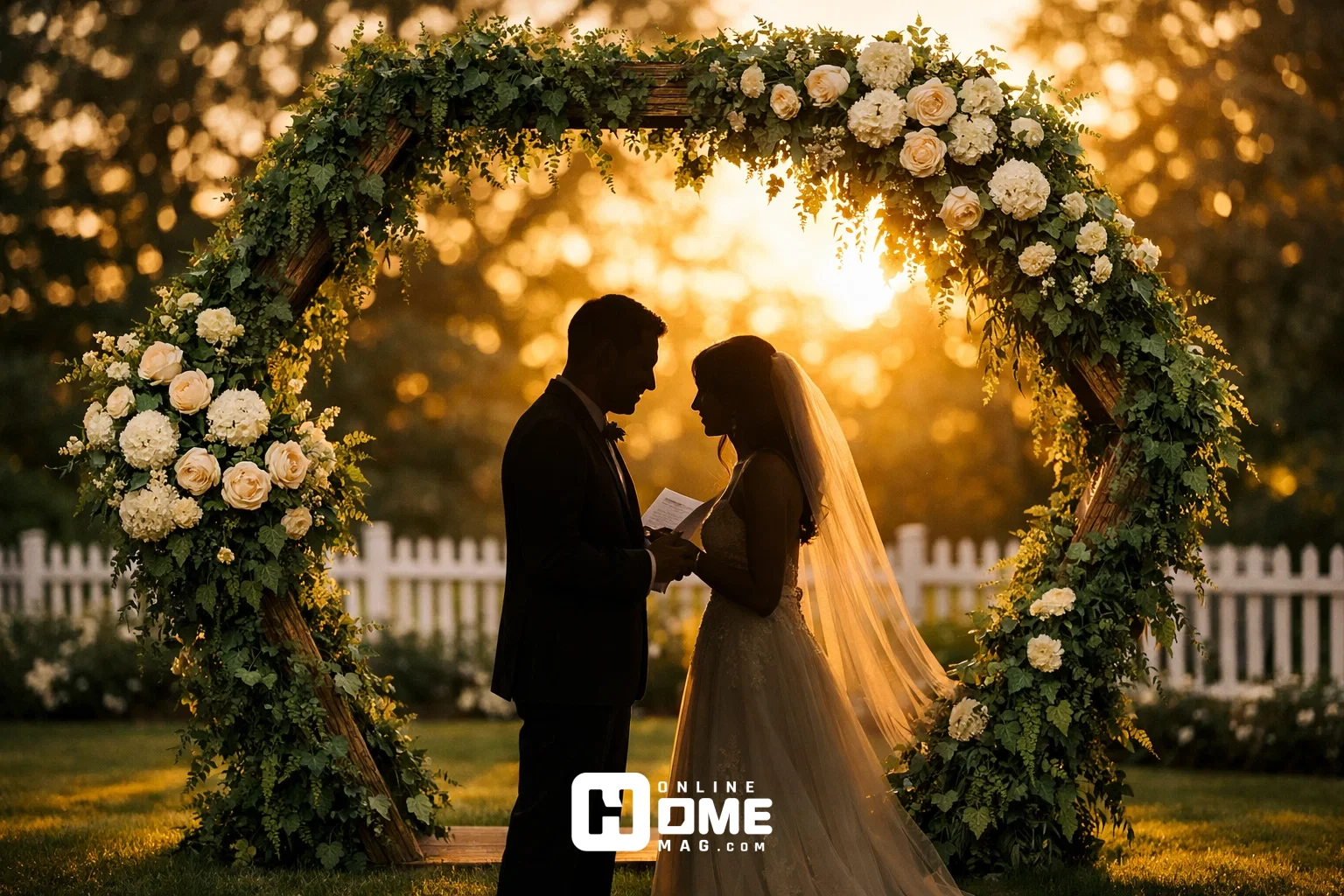 Hexagonal wooden wedding arch covered in lush greenery, cream roses, and white hydrangeas, with a silhouetted couple exchanging vows at sunset on a manicured lawn.