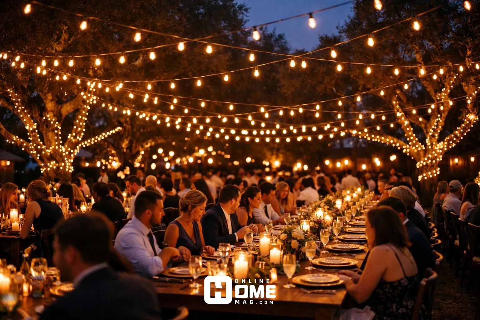 Evening backyard wedding reception decor with Edison bulb string lights over farmhouse tables, candlelit settings, and oak trees glowing under a dusky sky.