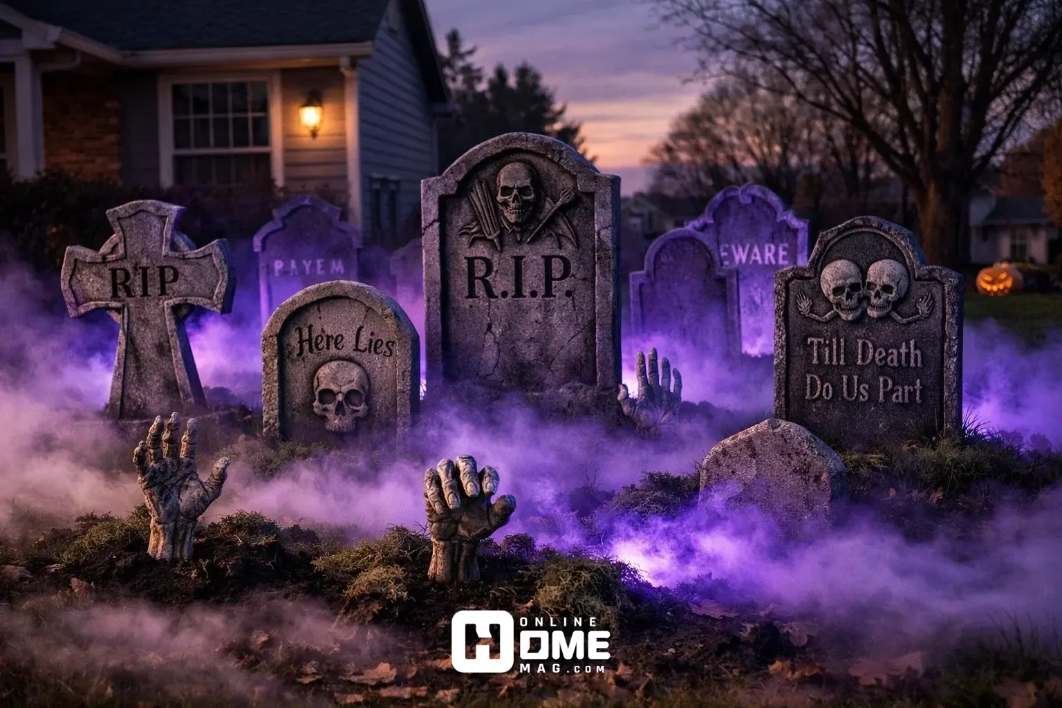 halloween yard decorations cemetery graveyard tombstones fog lighting