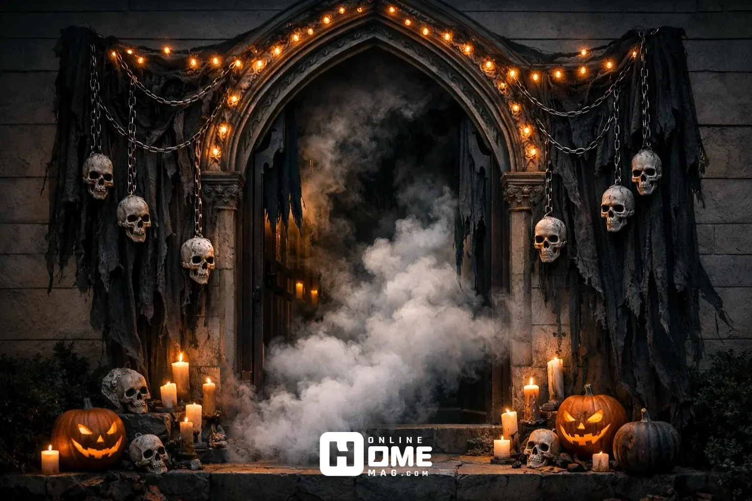 halloween porch decor doorway arch curtains fog dramatic entrance