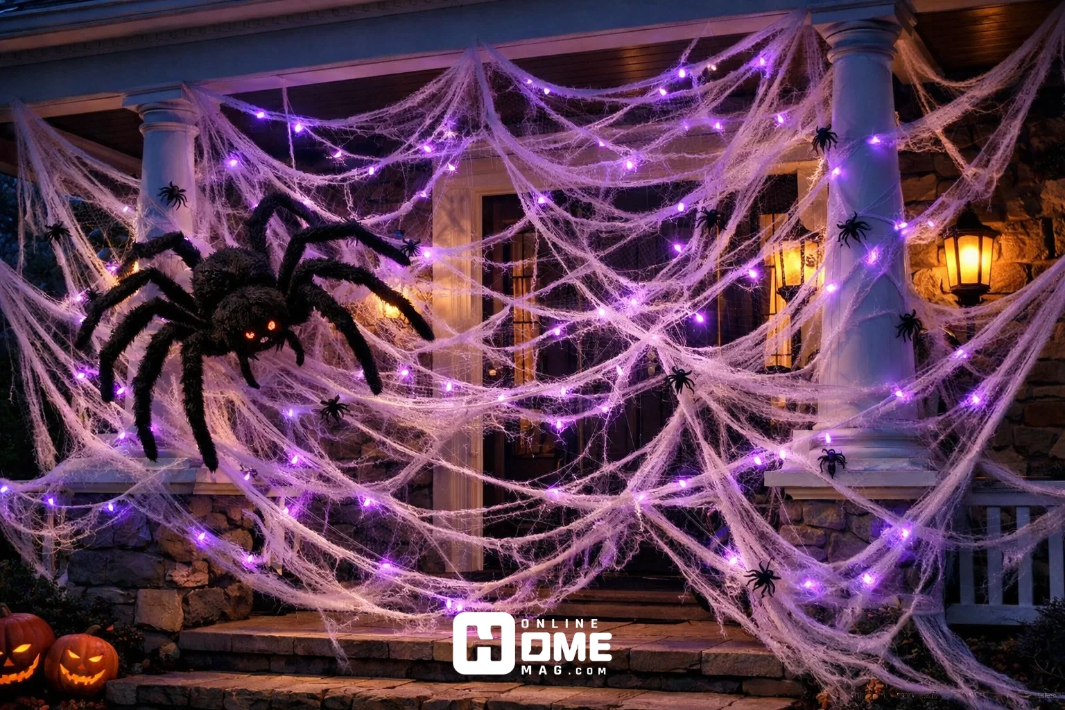 halloween porch decor giant spider web lights installation