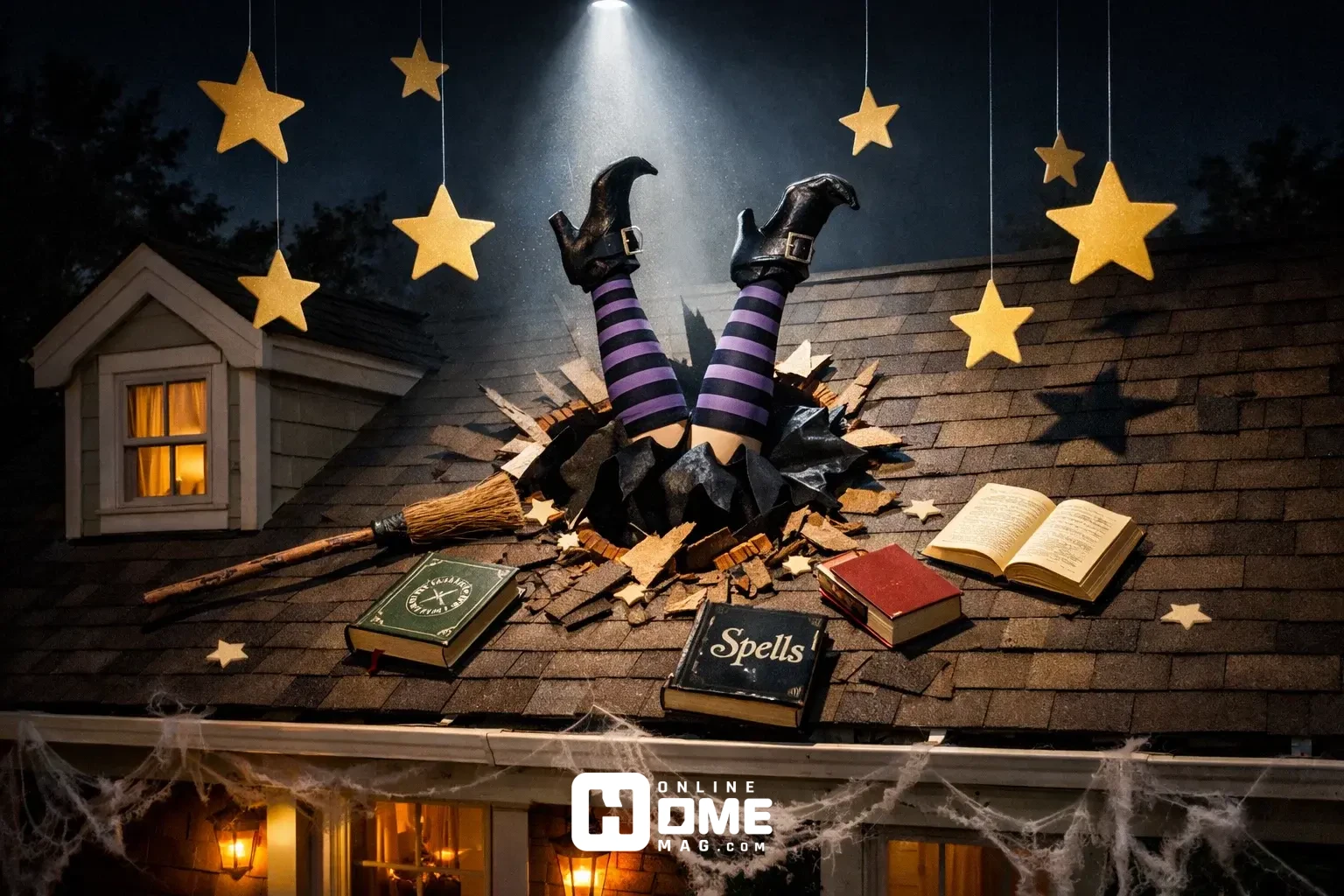 large outdoor halloween decorations witch crash landing roof installatio